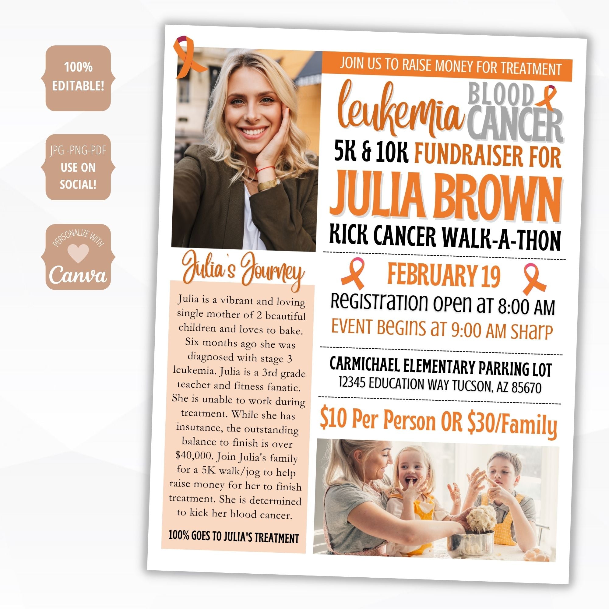 Fundraiser poster for a walk-a-thon event for Julia Brown with contact information and images of participants.