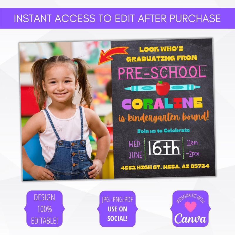 graduation photo editable graduation announcement invitation chalkboard invite daycare pre k preschool elementary