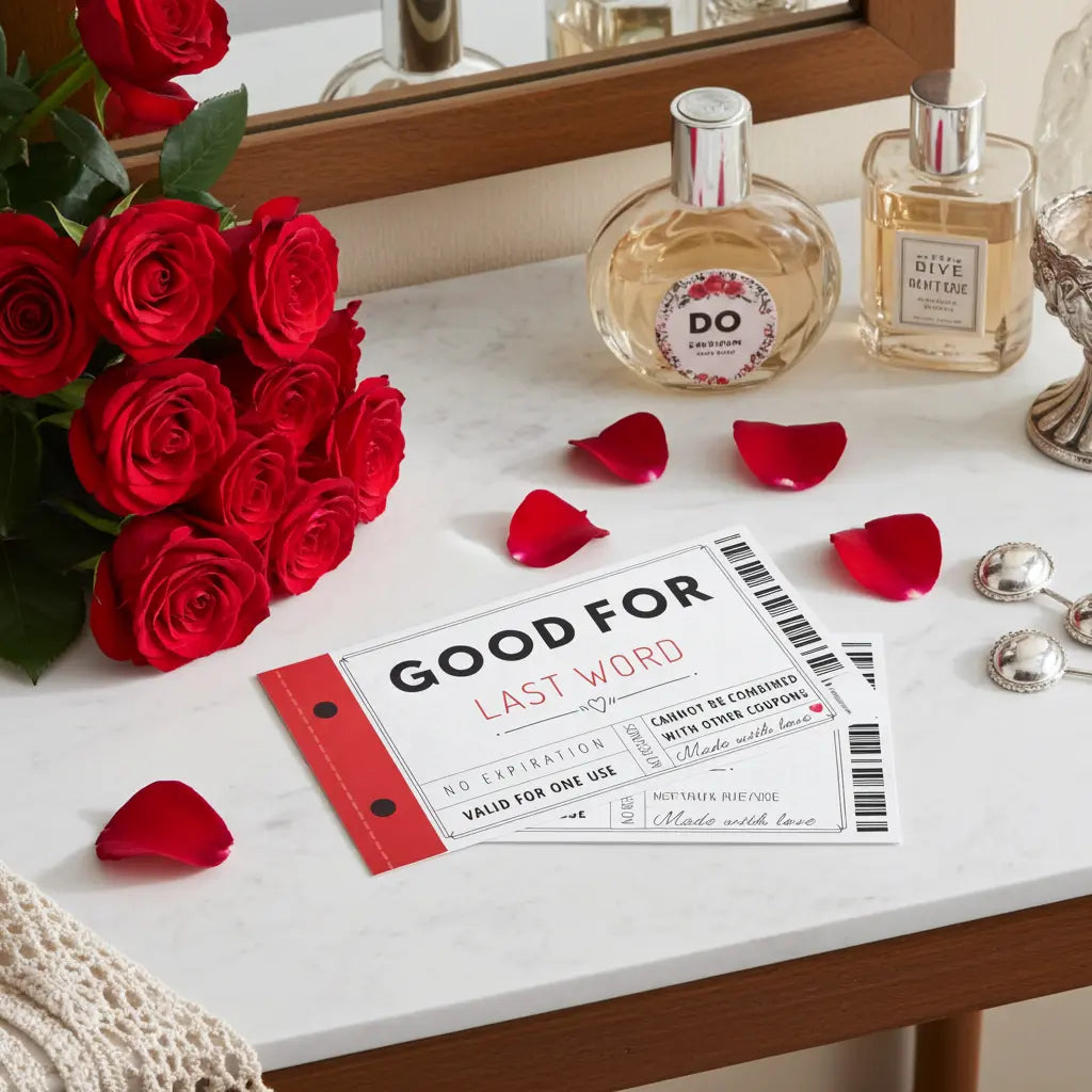 Image showing 2 printed love coupons from bundle of 60 for last minute anniversary, birthday, date night, or I'm sorry gift idea for him or her on a table with roses and perfume.