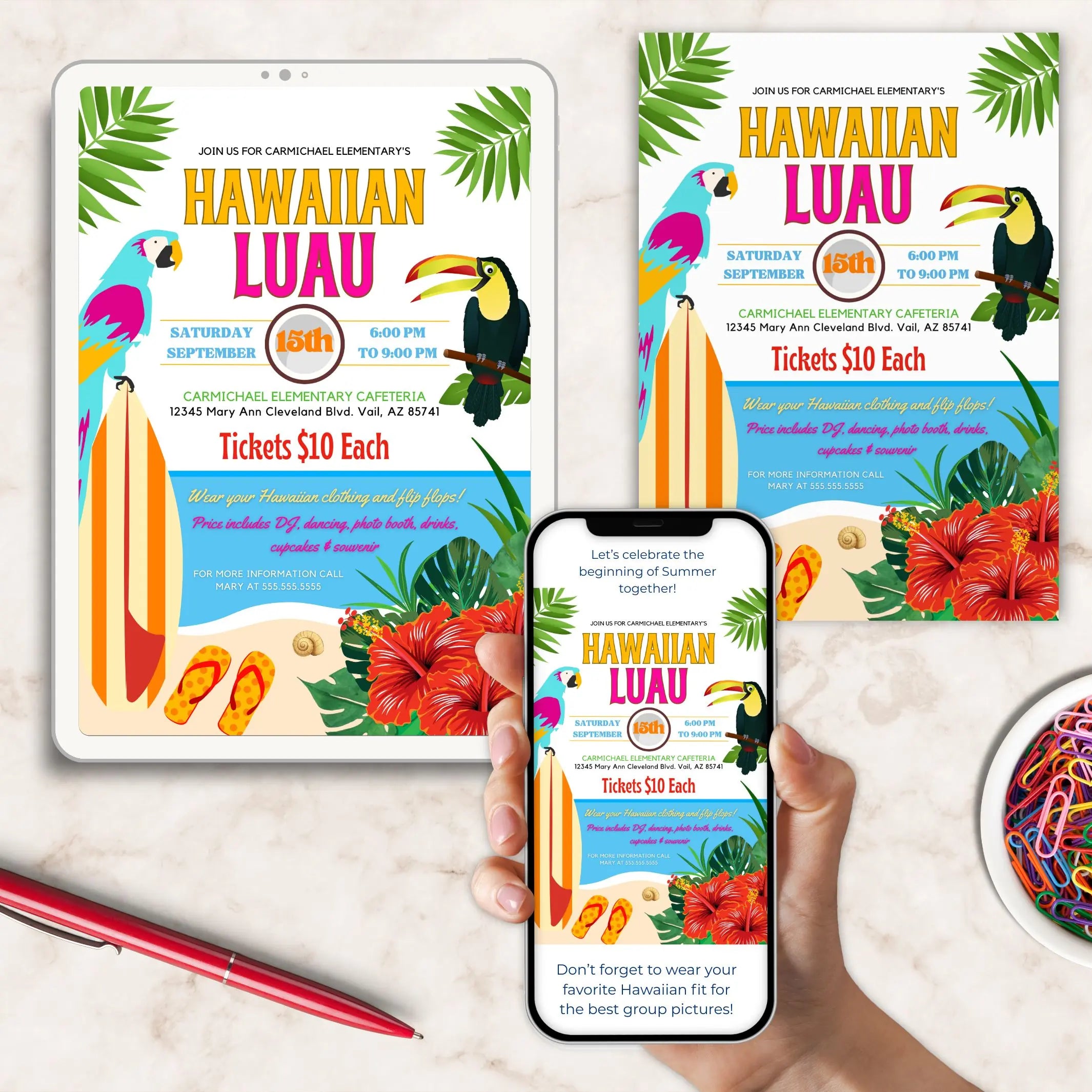 Hawaiian Luau event flyer displayed on a phone and paper, with tropical elements and parrots with editable text for a summer or end of school theme party.