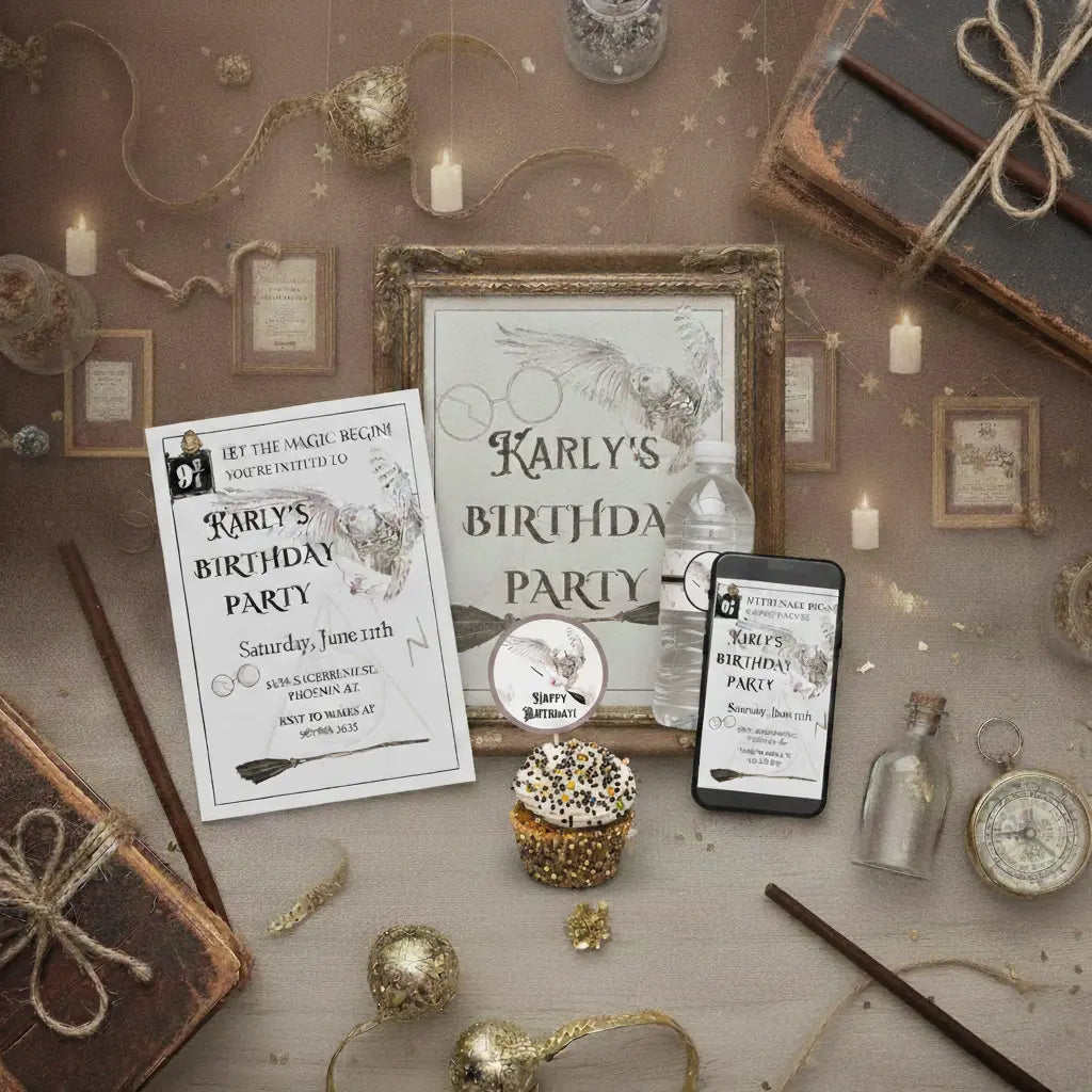 Decorative birthday party setup with invitations, a cupcake, and magic white owl themed accessories on a wooden surface.