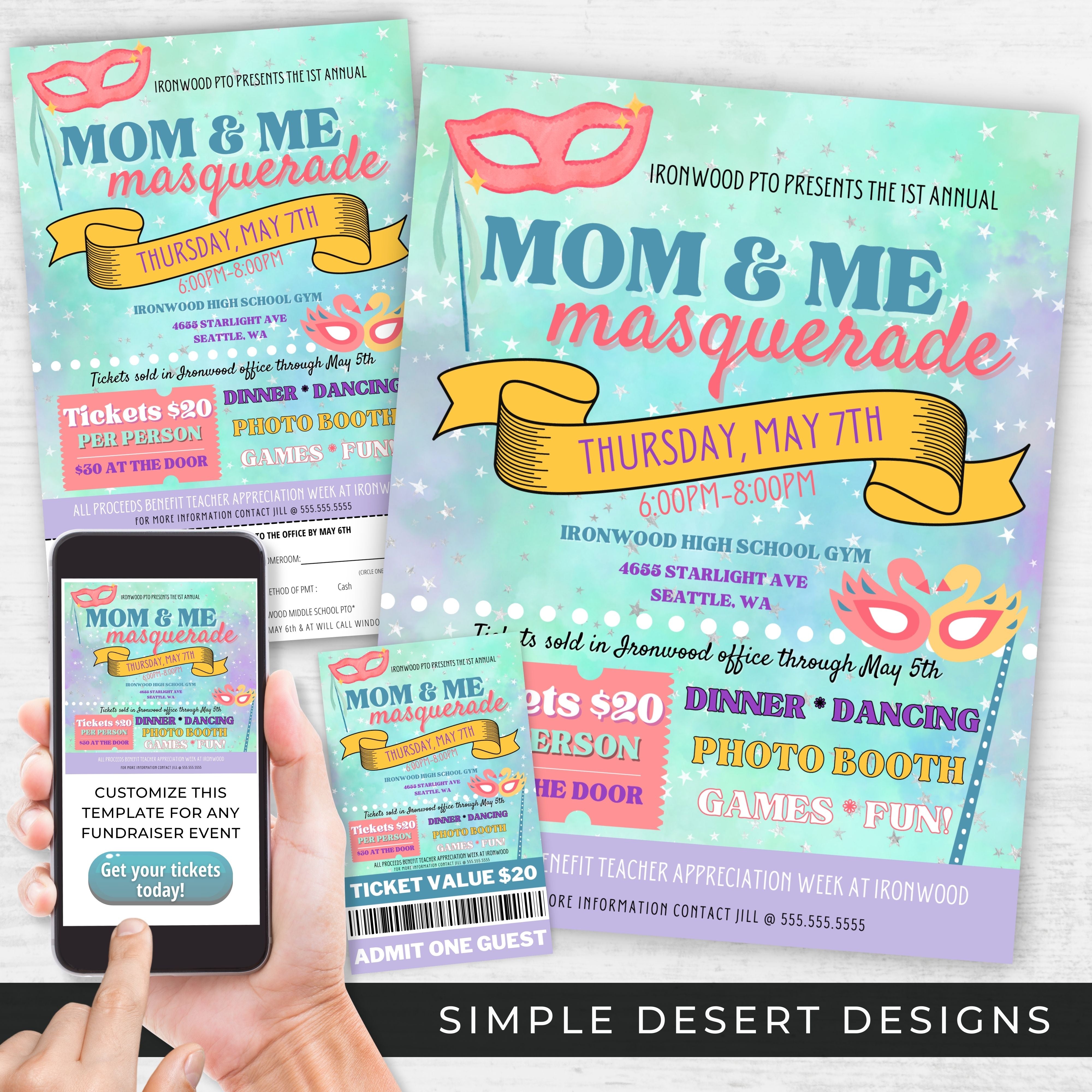 colorful kids masquerade party invitation flyers for school church event fundraiser with tickets social media post templates and pre order forms