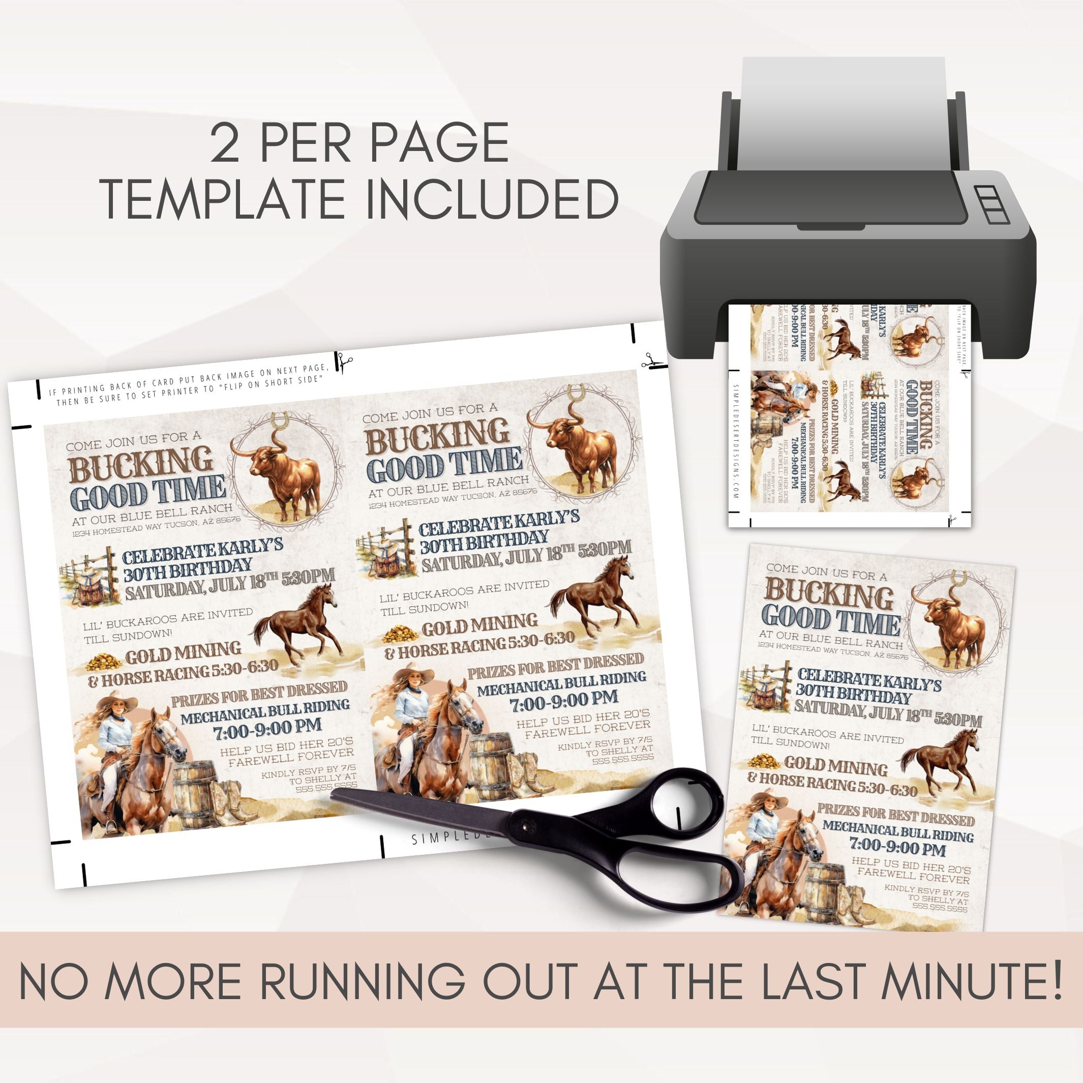 Printed country western birthday party invitation for her with cowgirl, horses and riding graphics on neutral surface with print sheet and trim lines included.