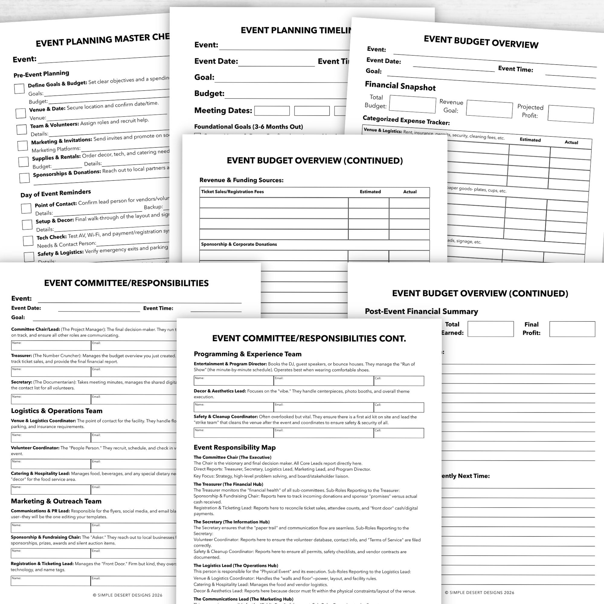 Collection of event planning forms and checklists on a white background