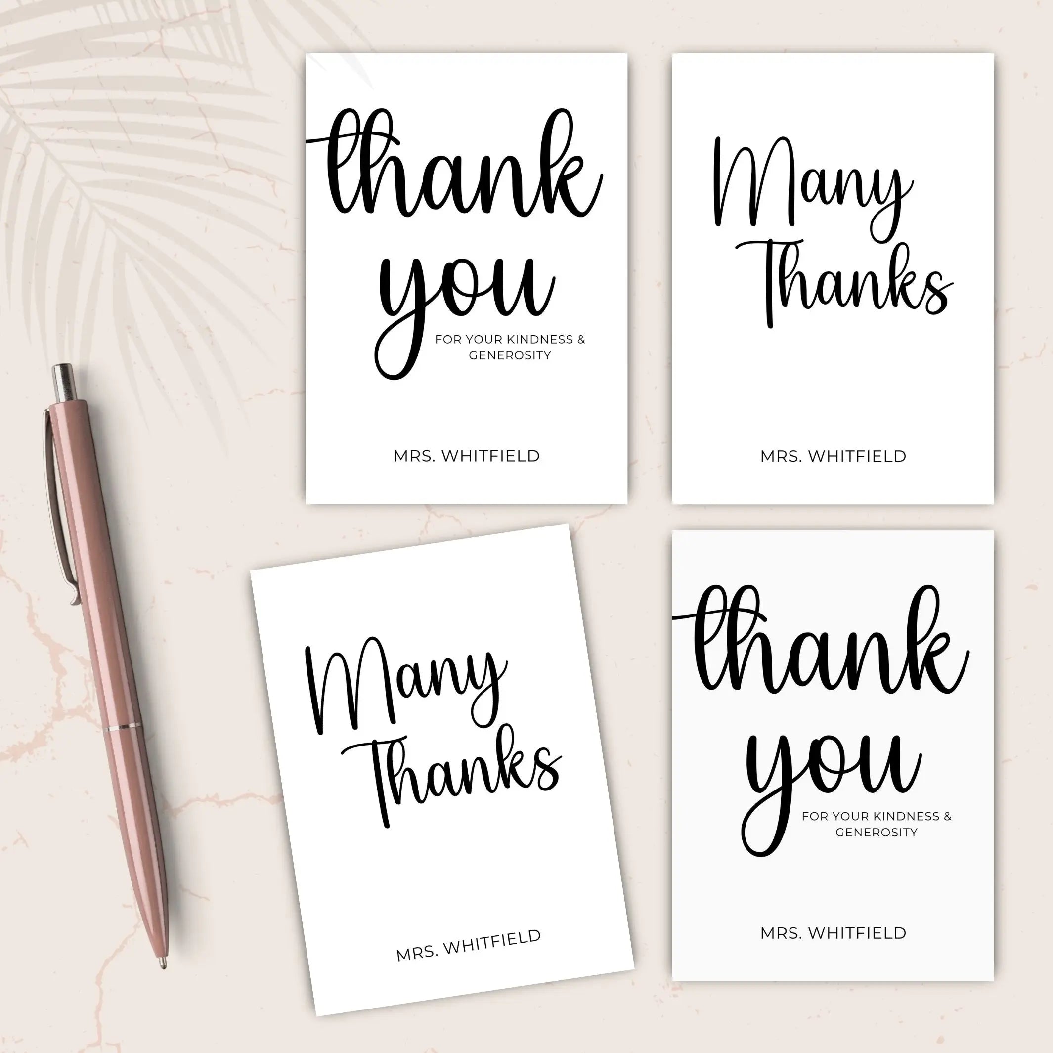 Four minimal and elegant 'thank you' cards with a pen on a light background for editable minimal black and white note cards templates by Simple Desert Designs.