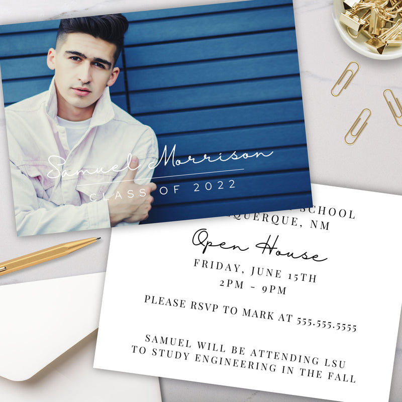 simple single photo graduation announcement invitation for guys girls gender neutral modern script typography