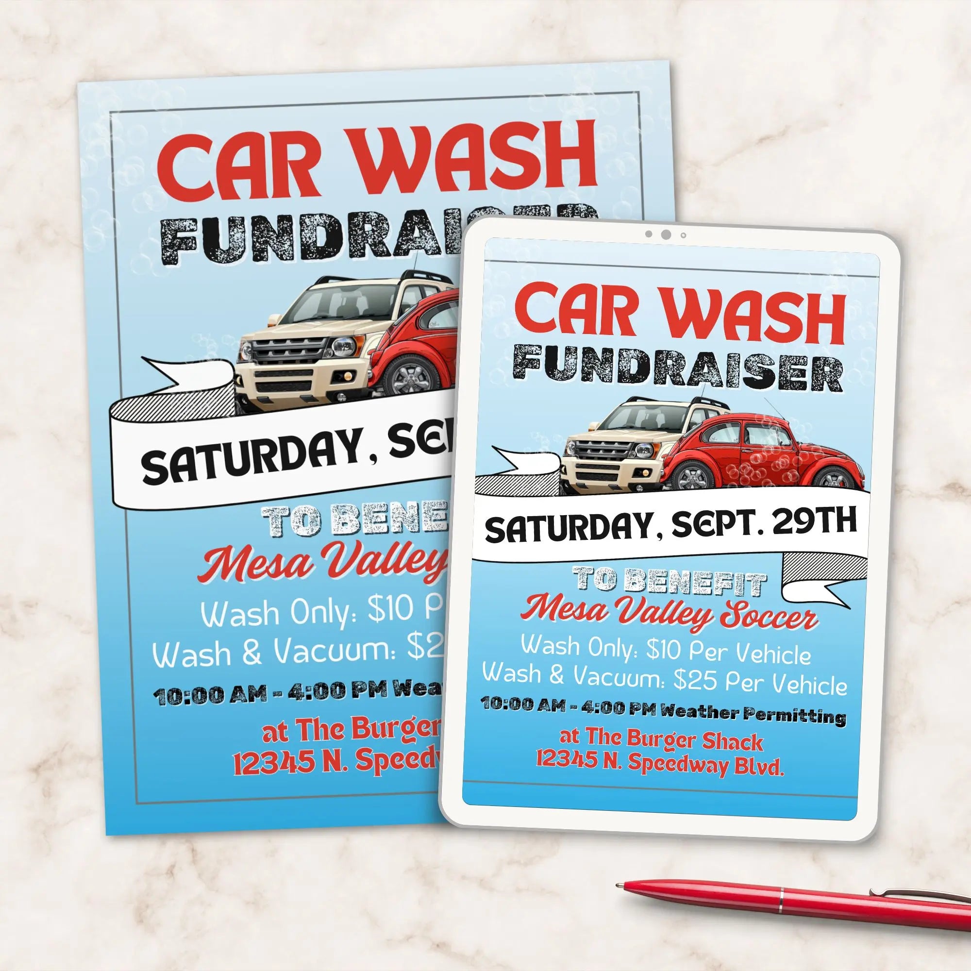 Two editable car wash fundraiser flyers displayed on a marble surface with a pen.