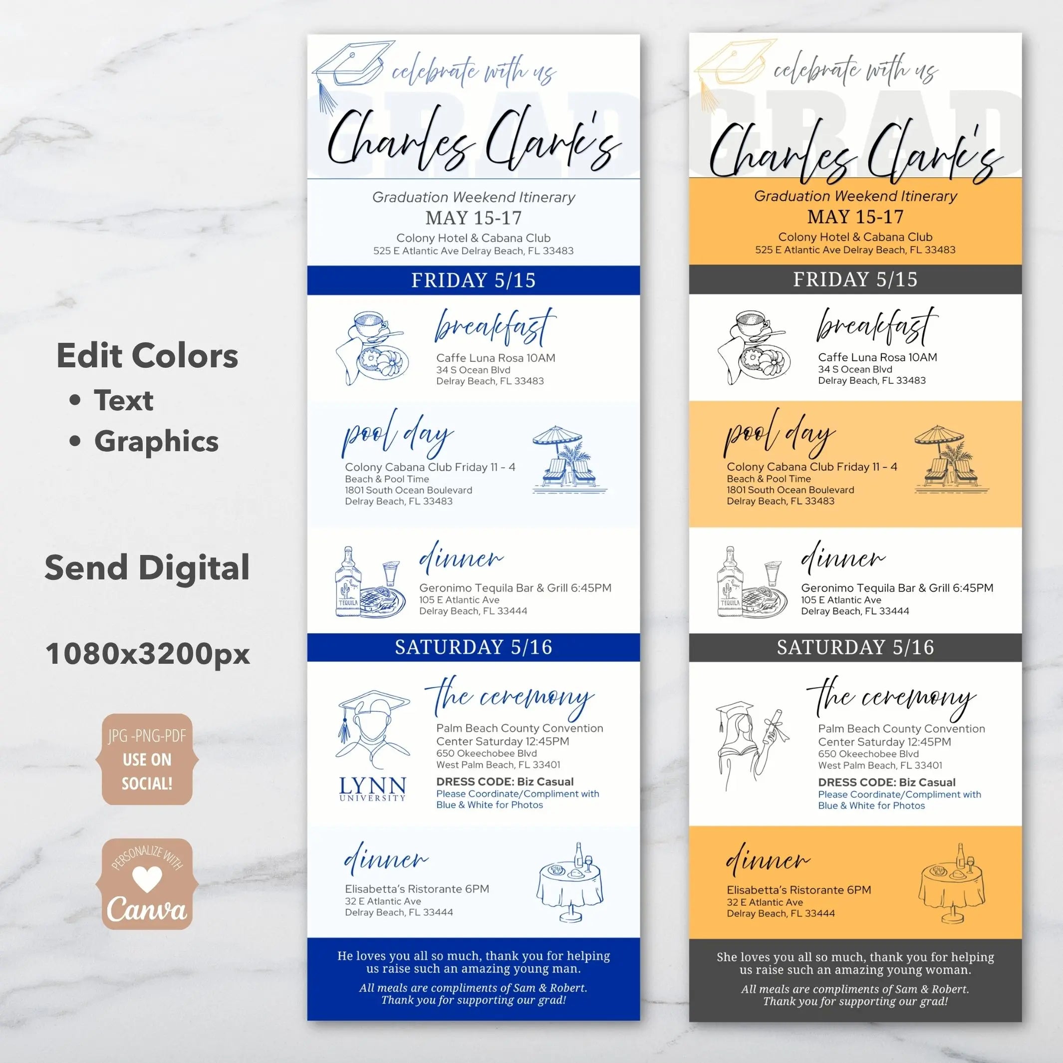 Graduation weekend itinerary editable template in two color versions highlighting all editable elements with endless color options editable in Canva.