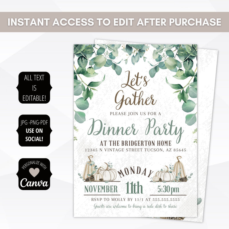 elegant editable white pumpkin gourd and pinecone theme party invitations