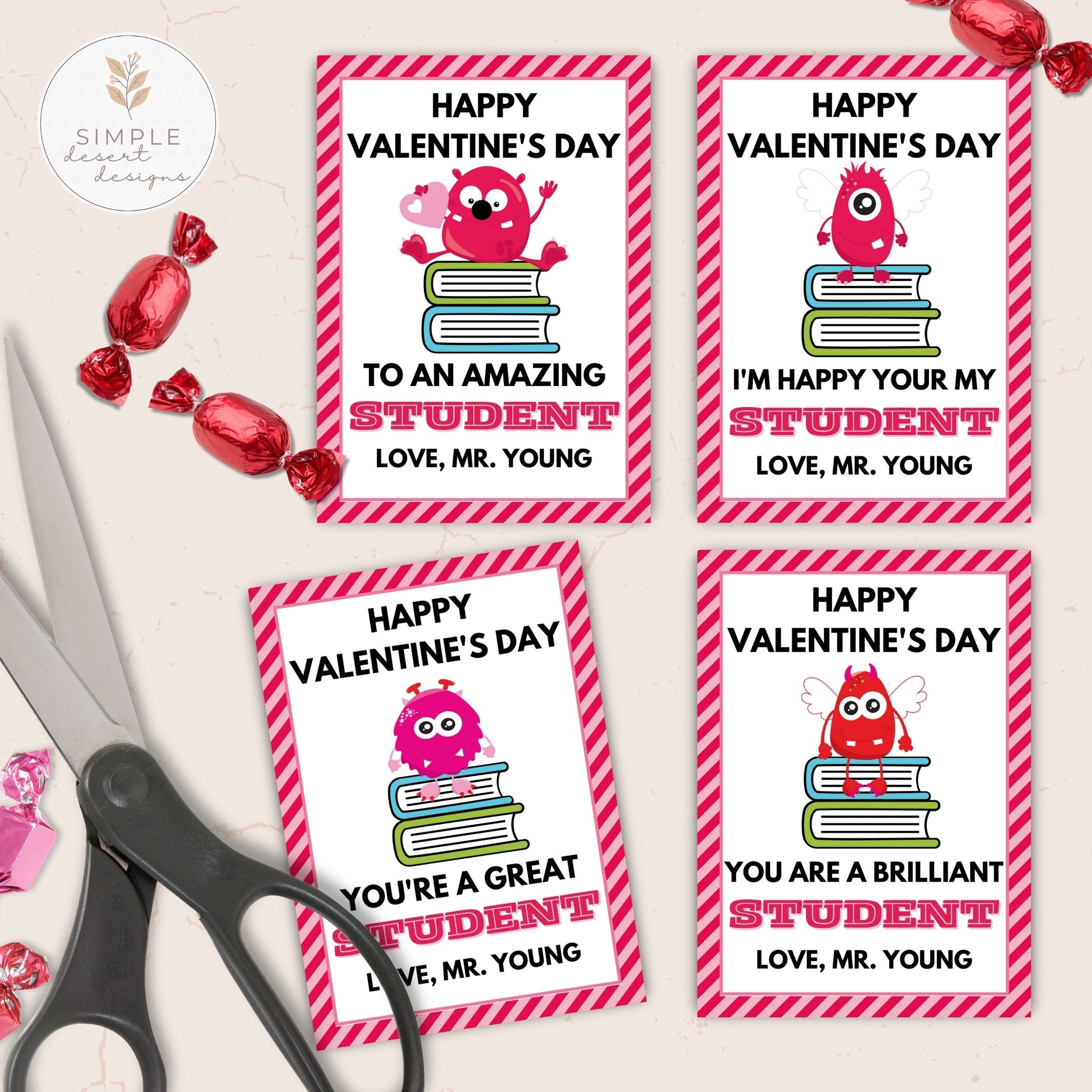 Four Valentine's Day cards for teachers to give to students with a pair of scissors and candy on a light background.
