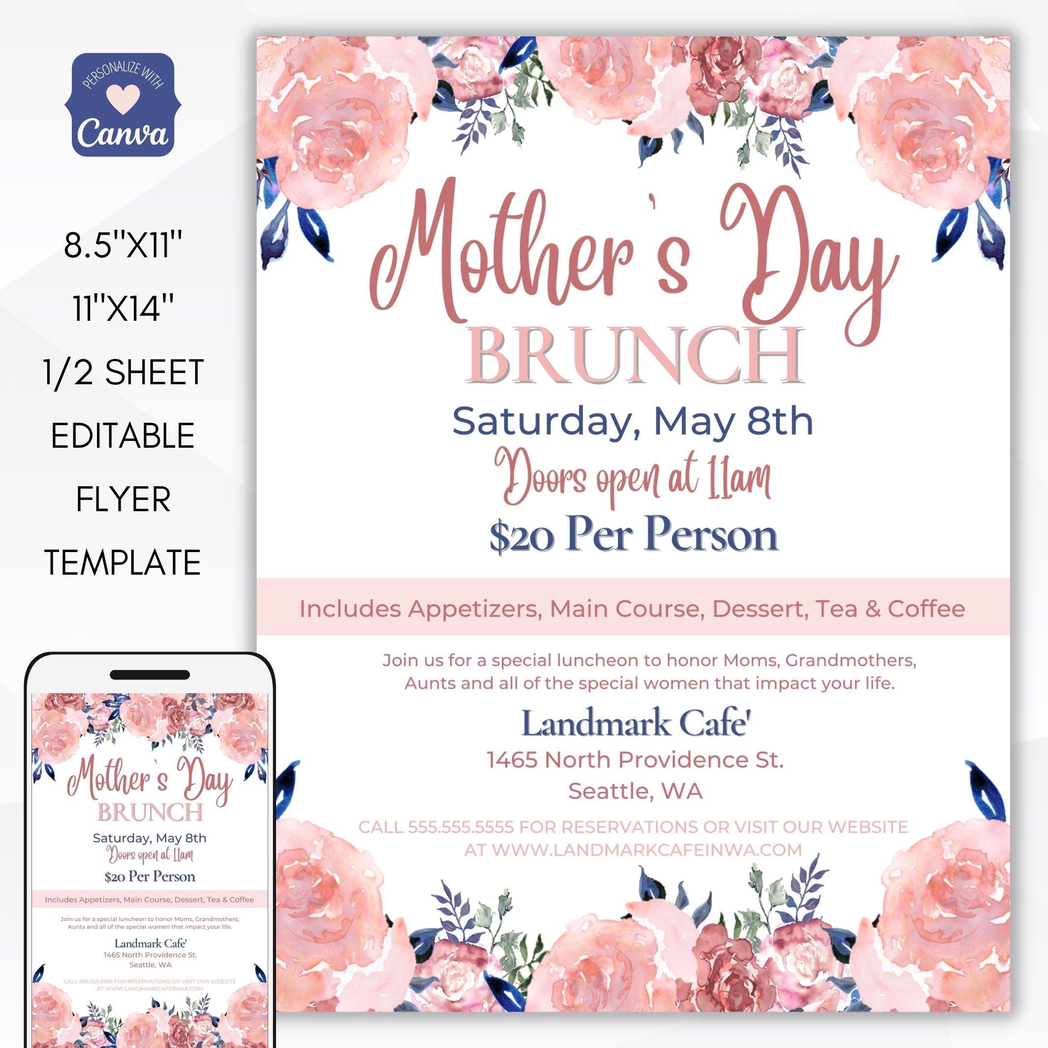 Mothers Day Brunch/Luncheon invitation flyer set for business, community, neighborhood, school pto/pta/ptc fundraiser