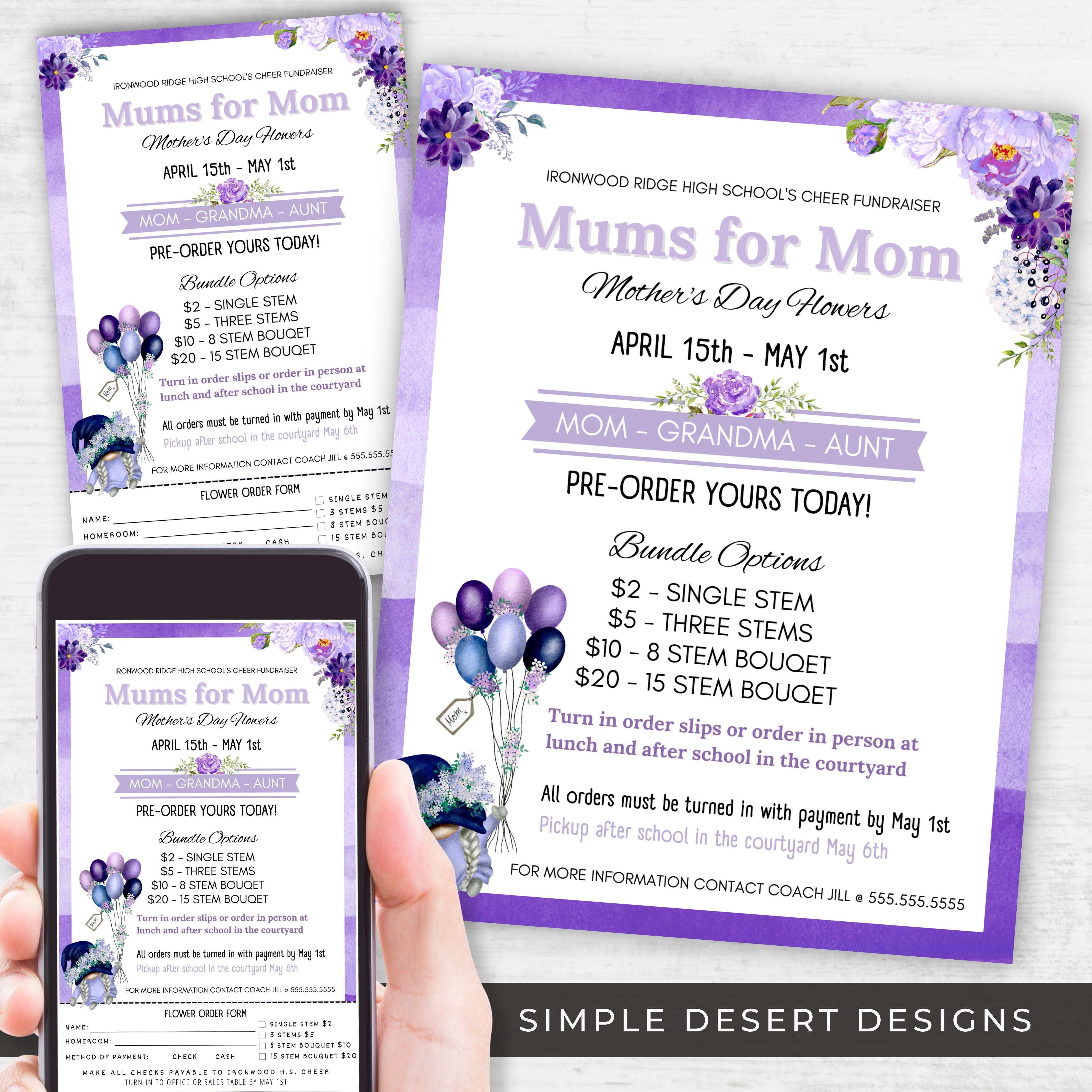 cute mothers day fundraiser flyer bundle with order form and sales tracker forms for school church fundraising events