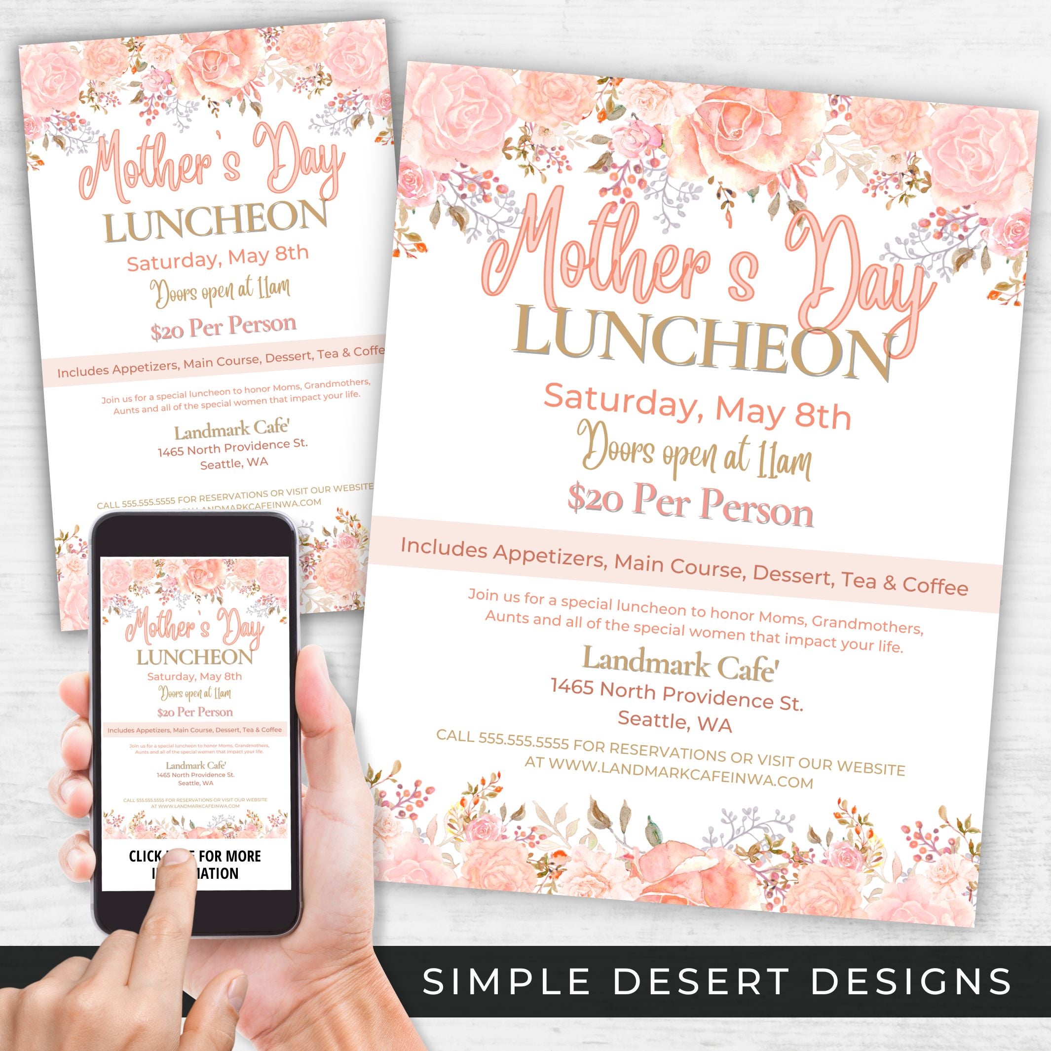 customizable mothers day event invitations for brunch, luncheon, social or dance