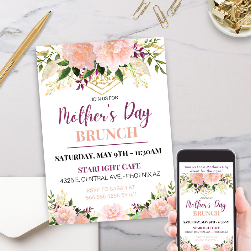 elegant floral mothers day lucnheon brunch or dinner party invitation with gold accents