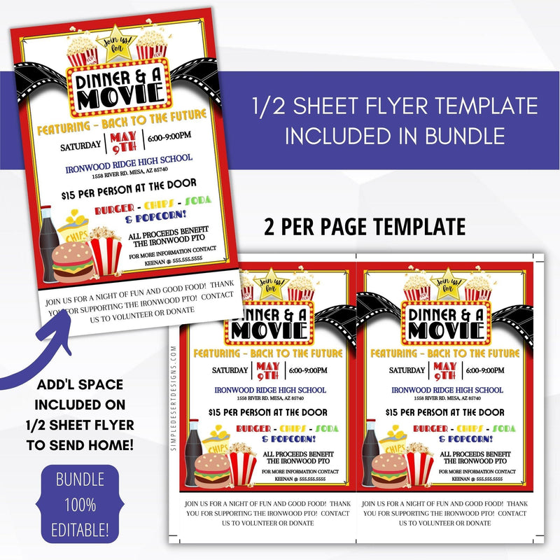 Movie Night Fundraiser Flyer Invitation Bundle | Editable Template - Simple Desert Designs