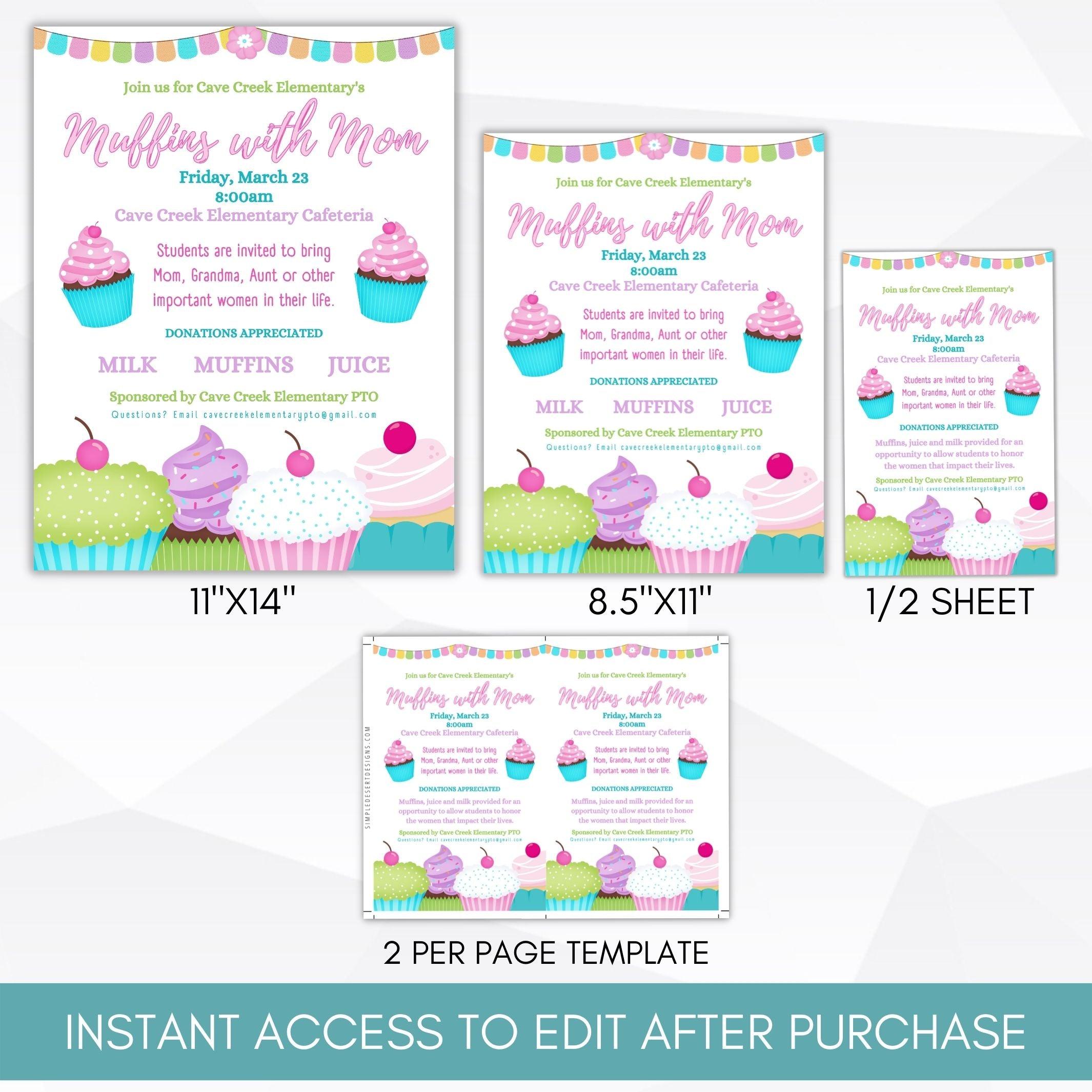 mothers day pta pto ptc flyer muffins with mom brunch breakfast poster sign set