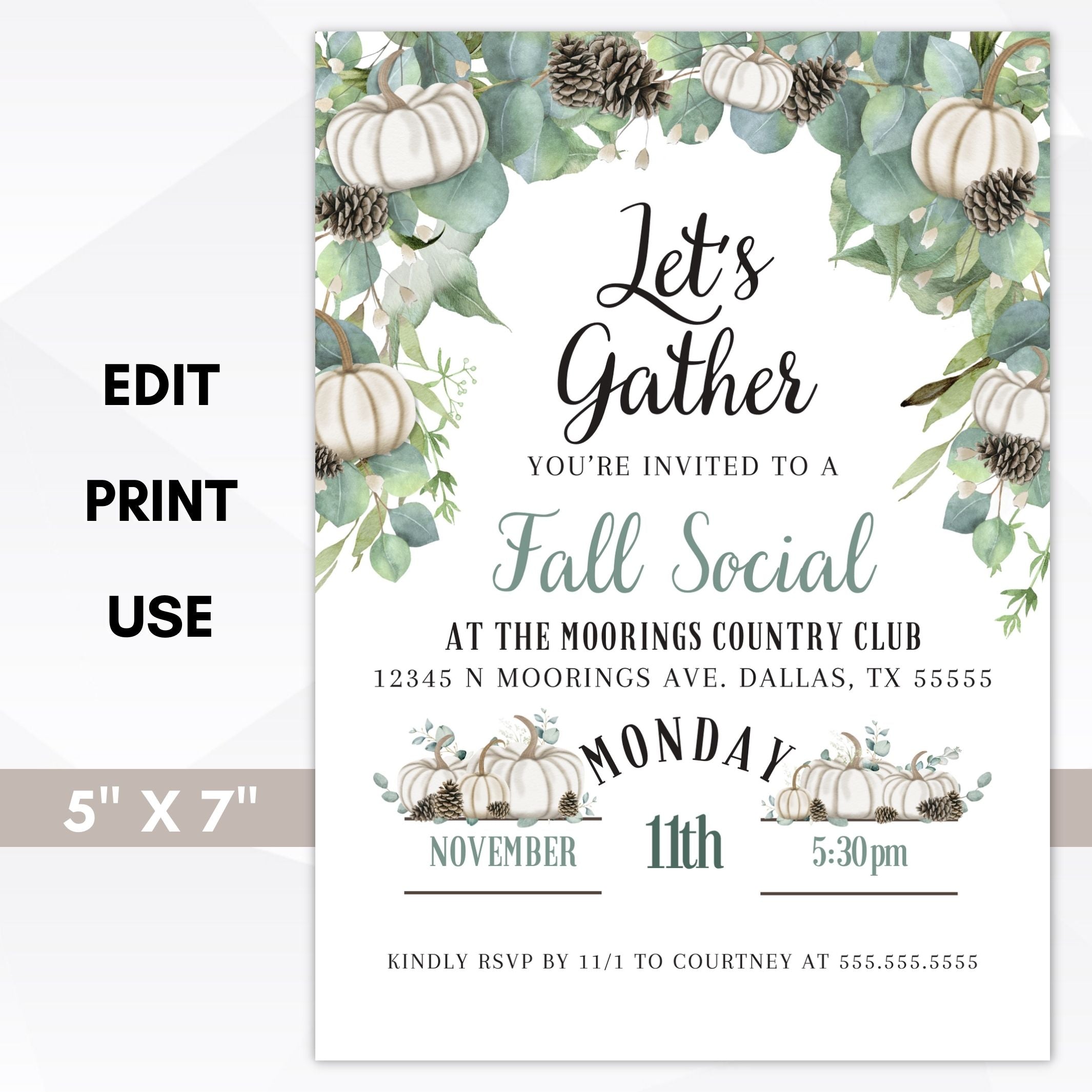 cream pumpkins and pinecones party invitation