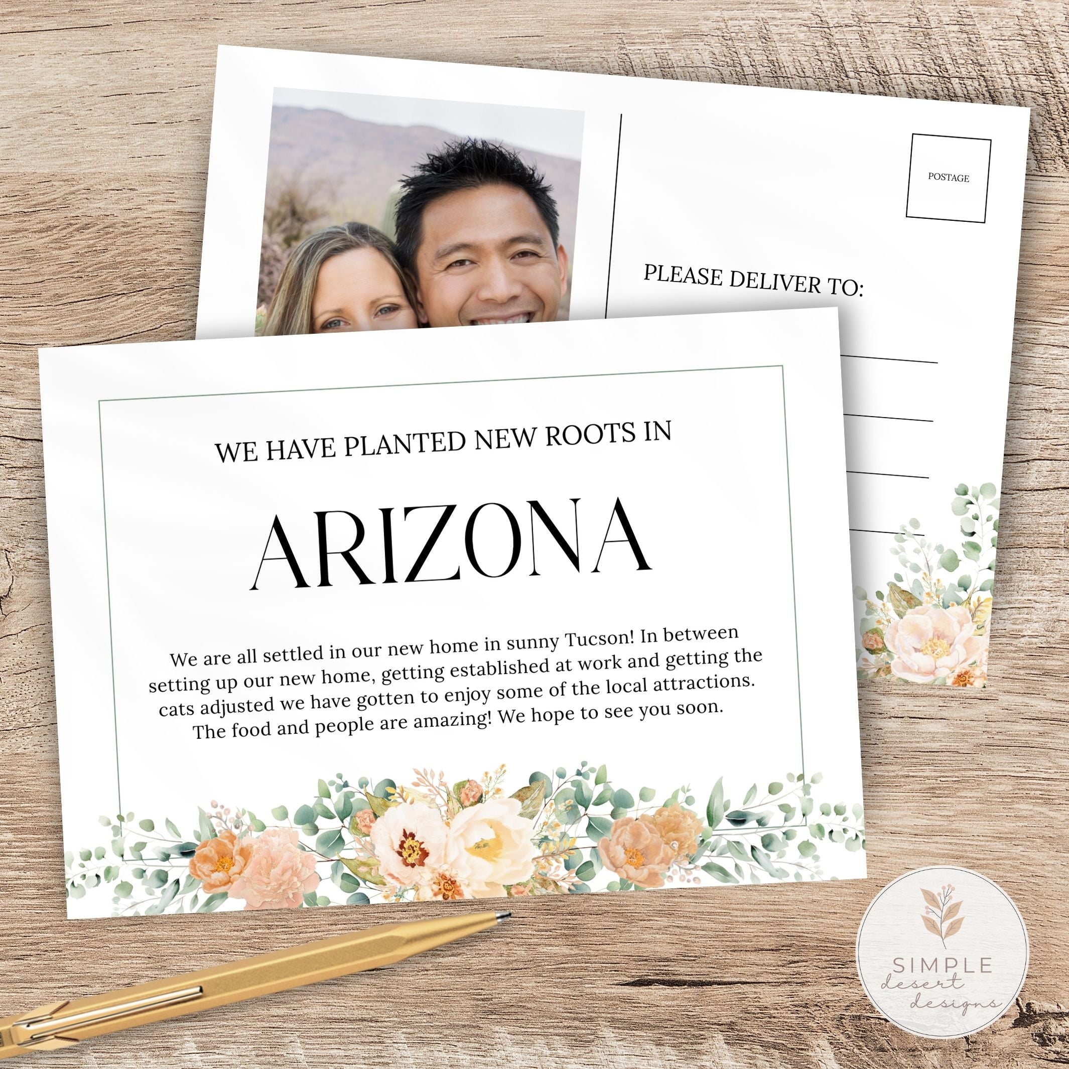 Postcard with text about settling in Arizona, featuring a photo of a couple and elegant botanical floral design.