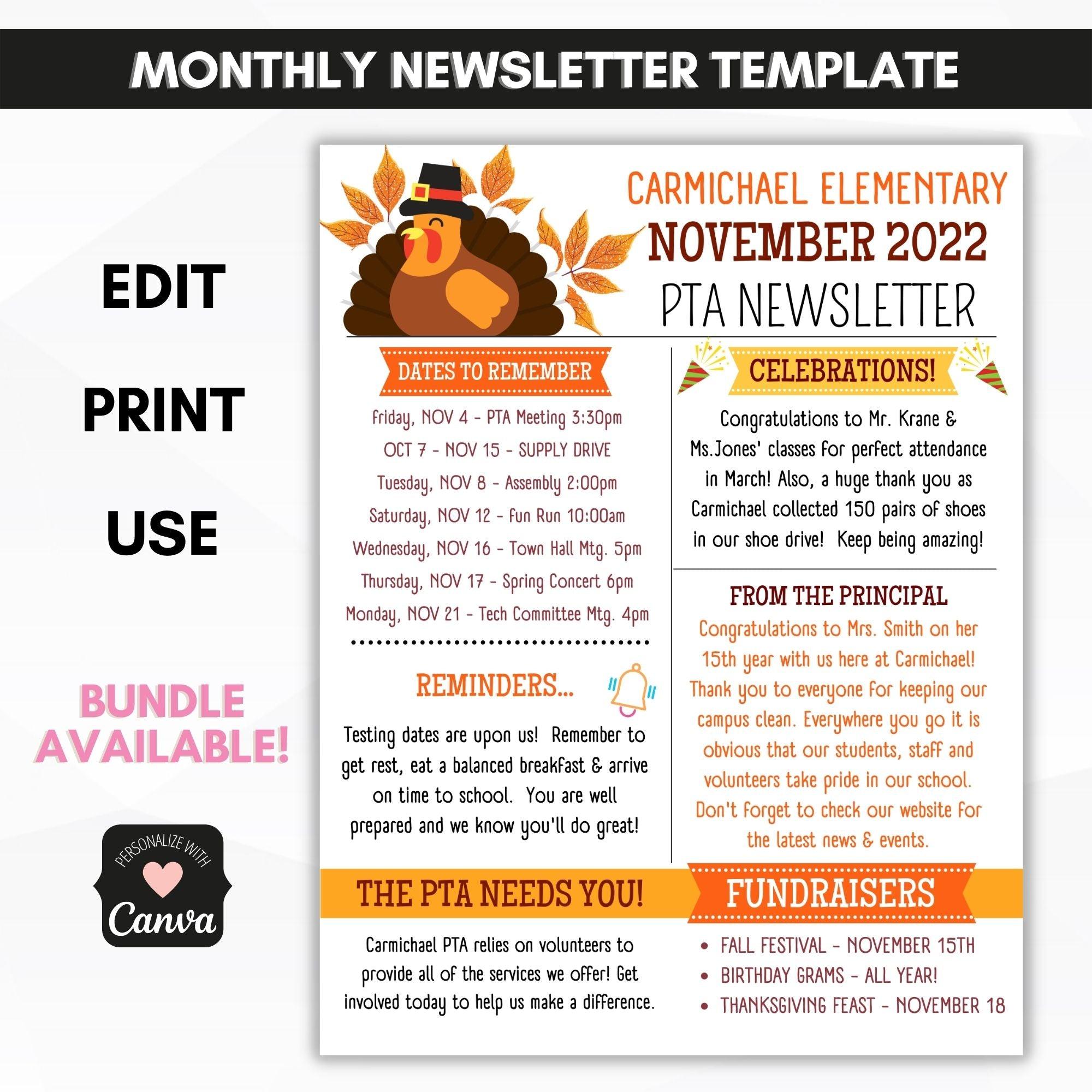 school pto pta NOVEMBER newsletter template