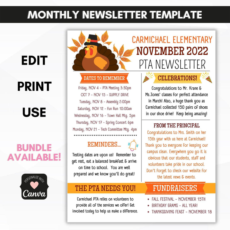 school pto pta NOVEMBER newsletter template
