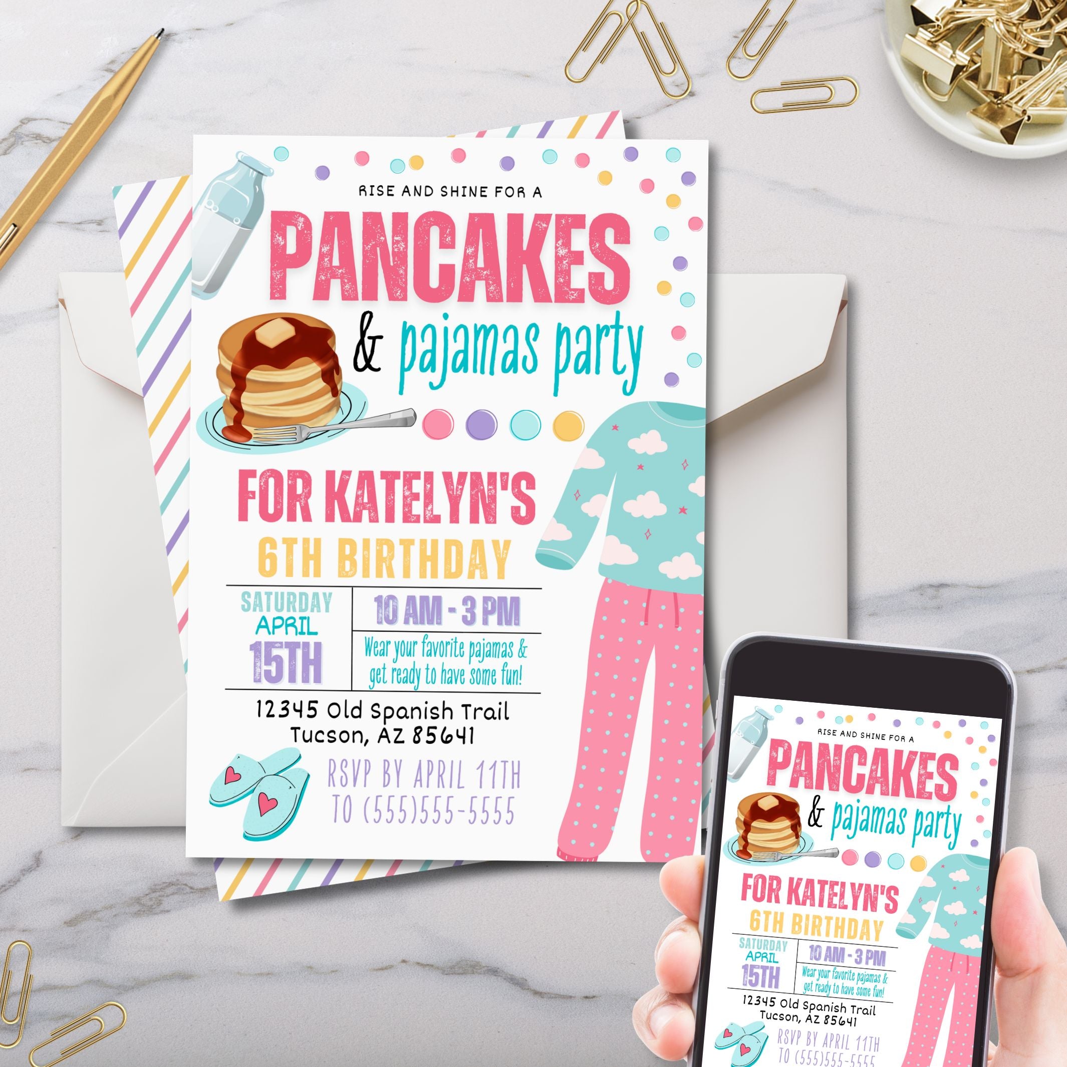 Invitation card for a 'Pancakes & Pajamas' party with a phone showing the same design.