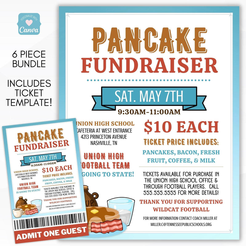 Editable Pancake/Flapjack Breakfast Fundraiser Event Bundle Includes Flyer/Sign/Poster Set with Tickets and Social Media Flyer for School PTO/PTA/PTC leader event planning