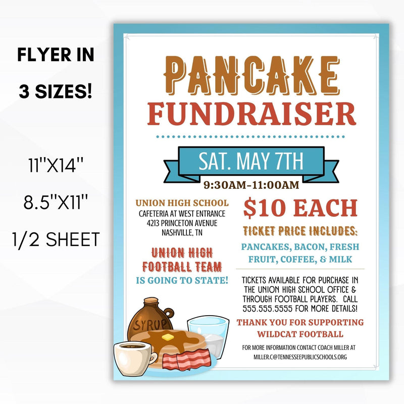 School, Church, Non Profit, Athletic Team, Community Charity Event Pancake Breakfast Fundraiser Idea