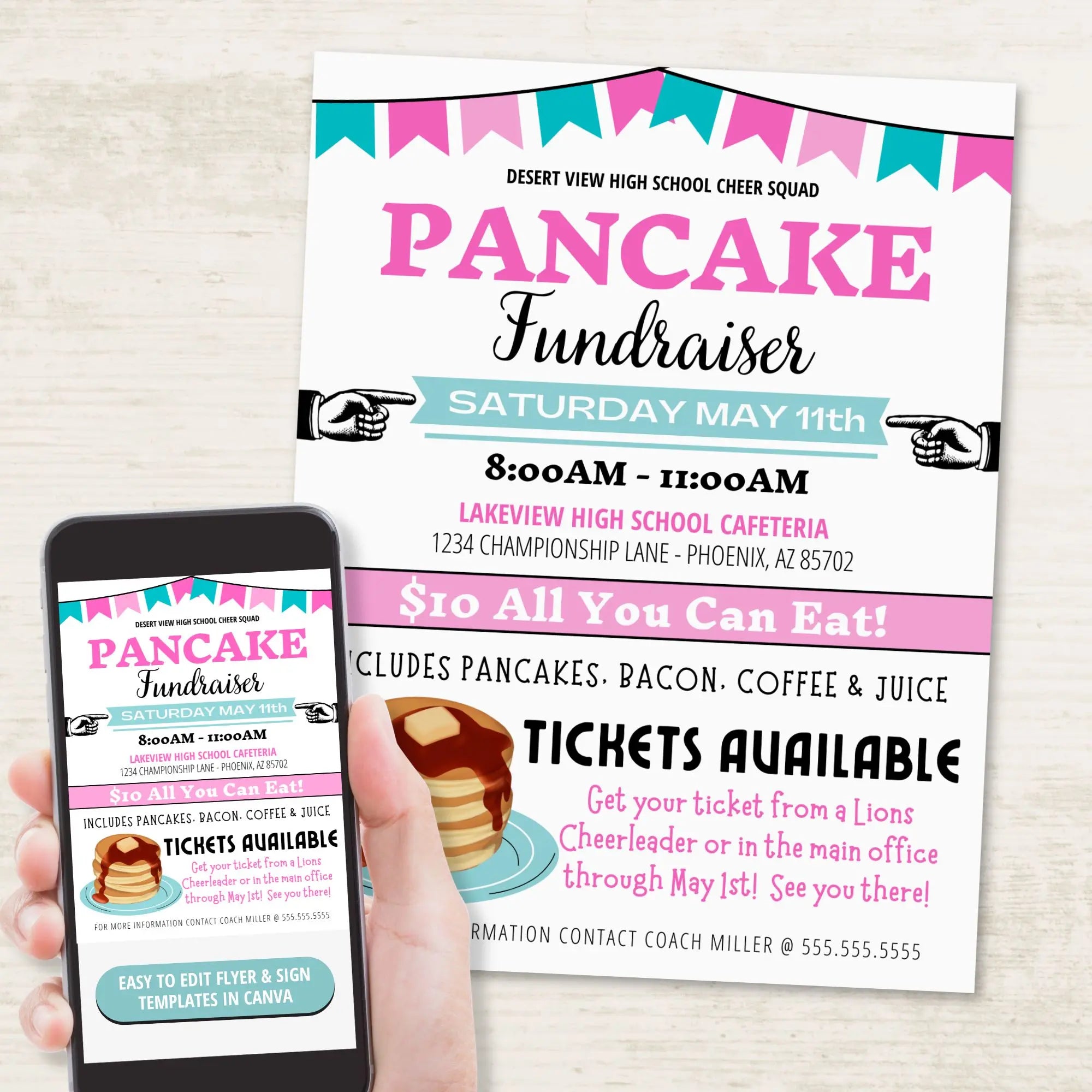 Pancake fundraiser flyer with smartphone displaying the same flyer on a light wooden surface for editable pancake breakfast fundraiser flyer template set in Canva.