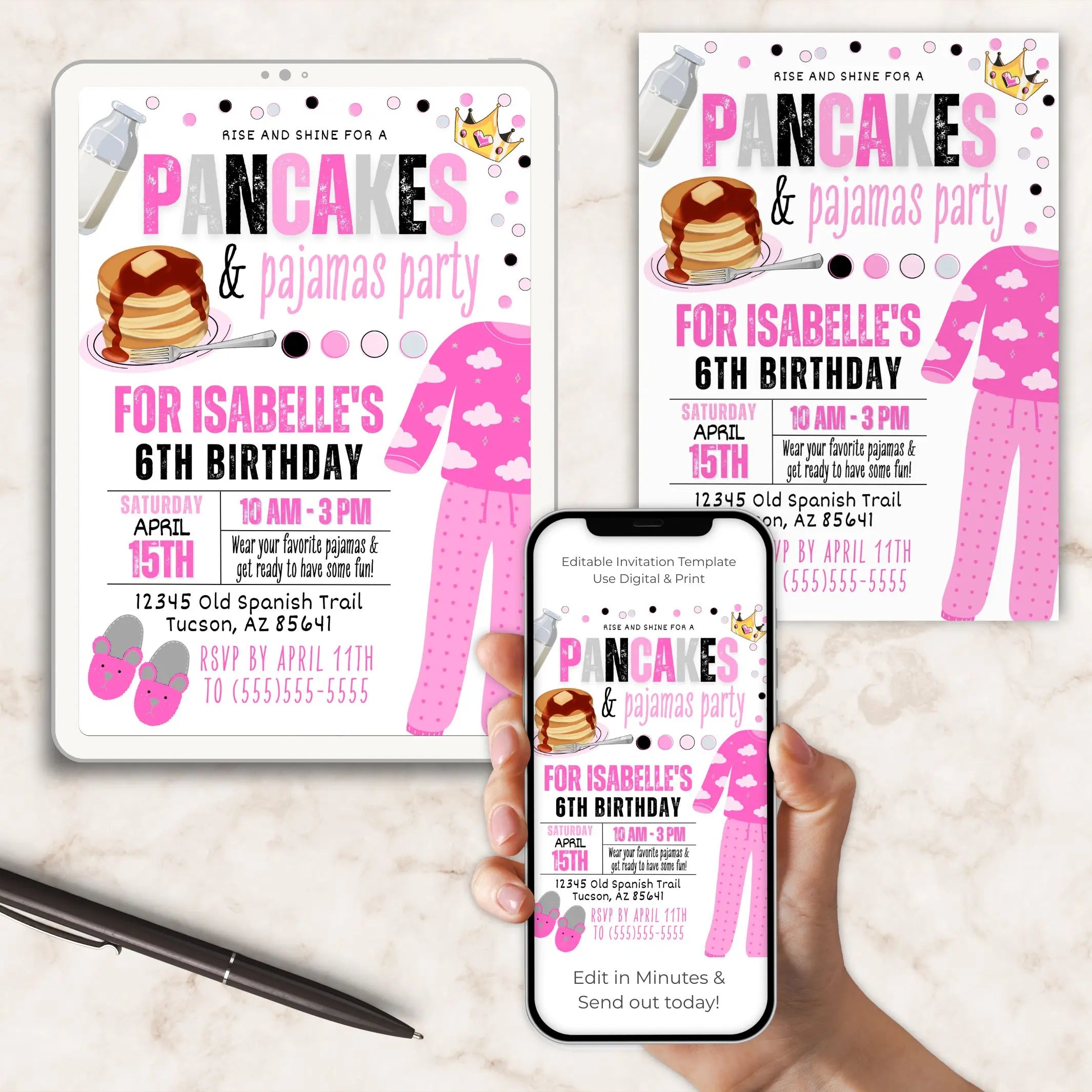 Pancakes and pajamas birthday party invitation on a phone, tablet, and paper with pink and white design.