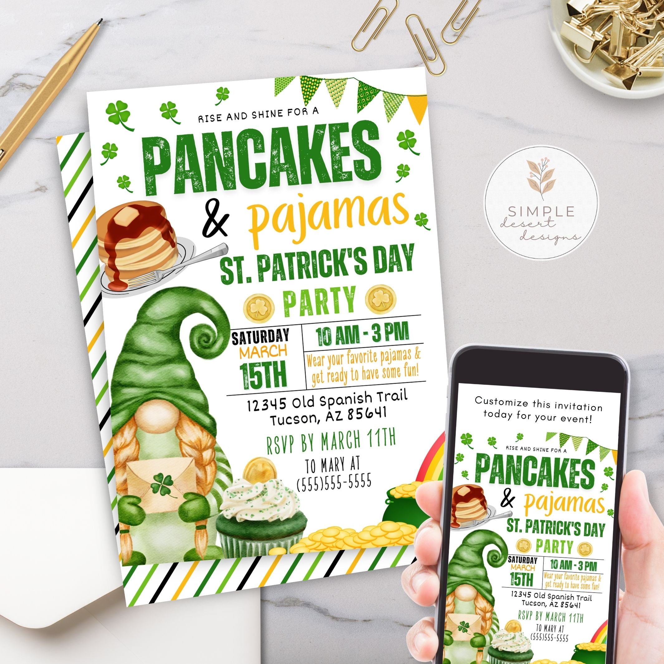 St. Patrick's Day party invitation with a gnome and pancakes design, held by a hand with a phone.