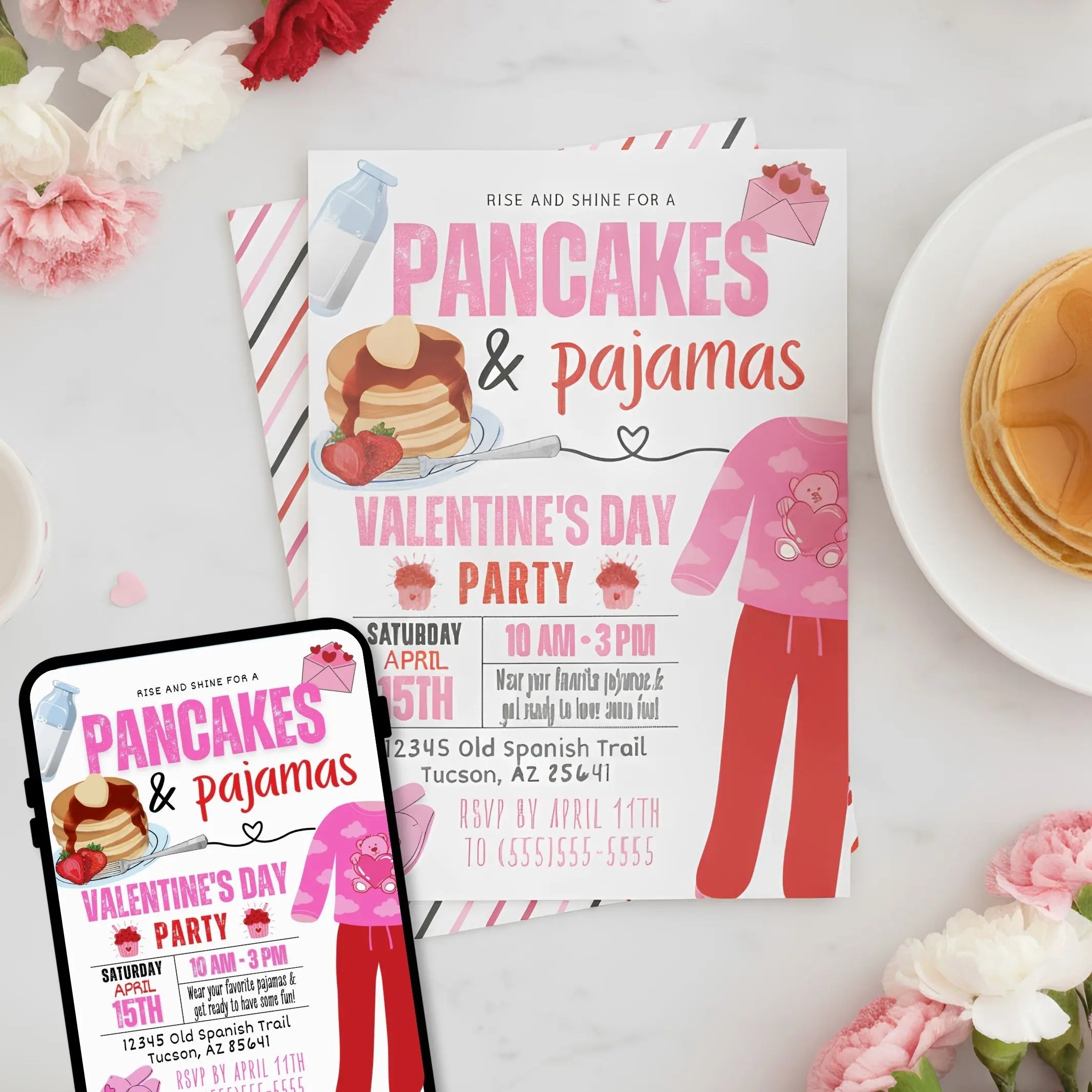 Valentine's Day party invitation for 'Pancakes & Pajamas' with phone and food items on a white surface.