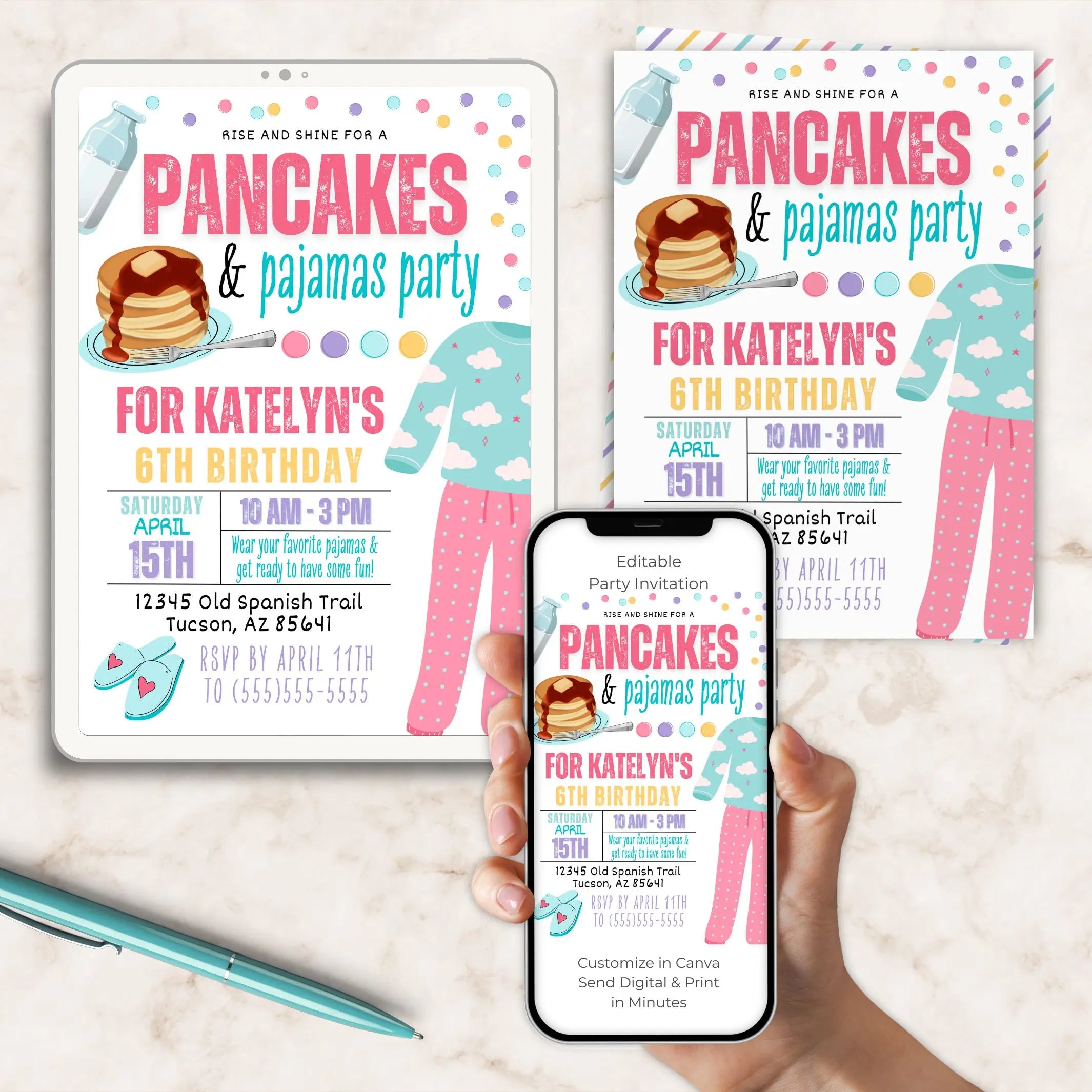 Pancakes and pajamas birthday party invitation with a phone displaying the invitation with editable text.