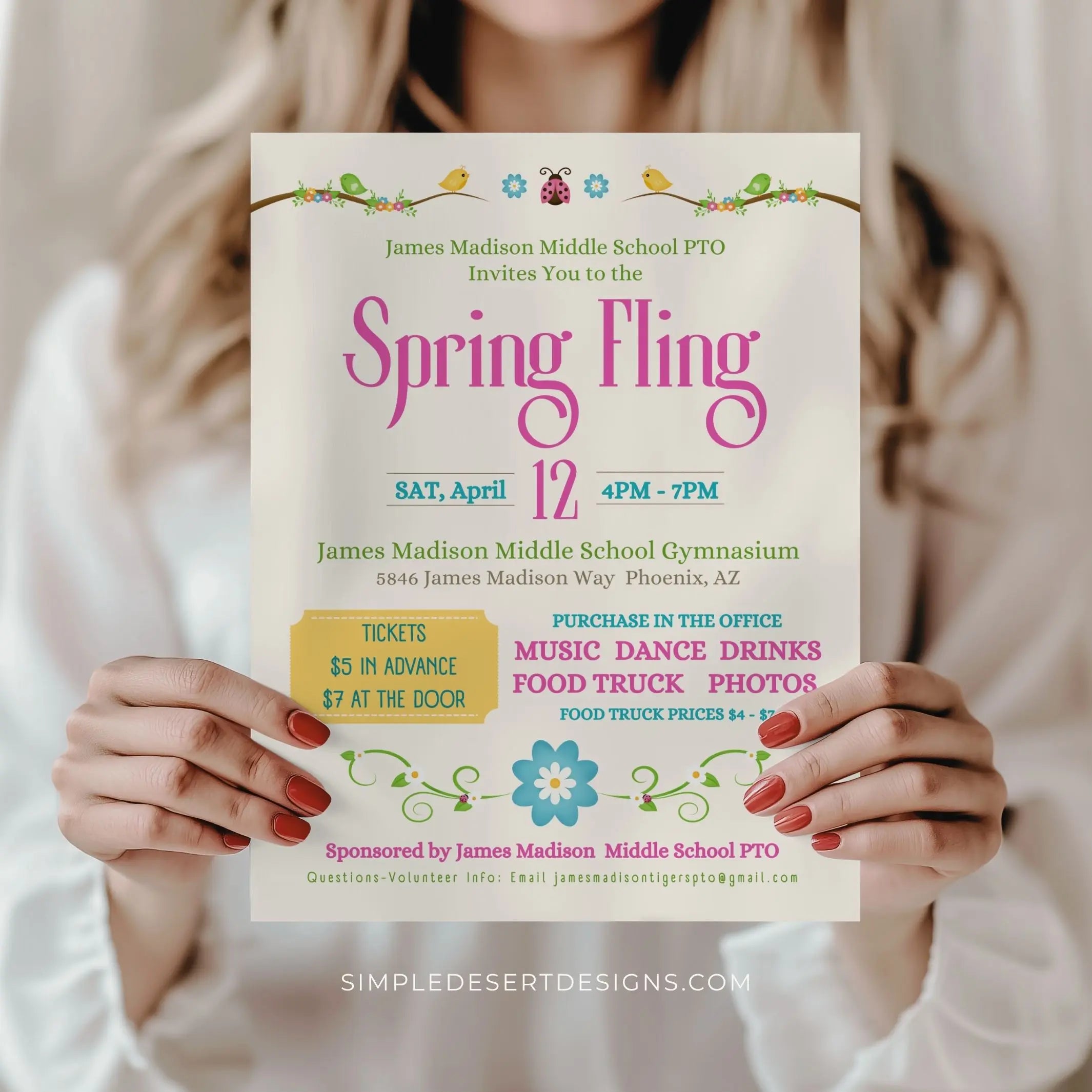 Person holding a customized 'Spring Fling' event flyer for James Madison Middle School PTO with flowers and birds with minimal design.
