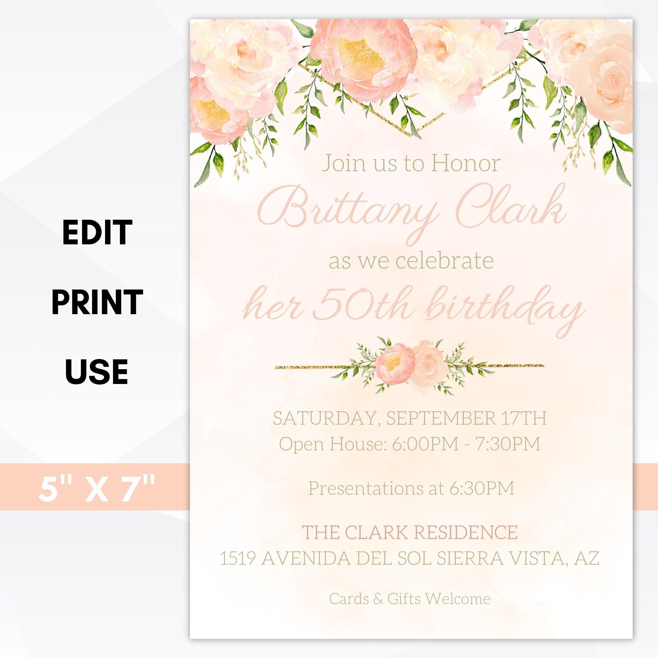 peach peony floral editable invitation template