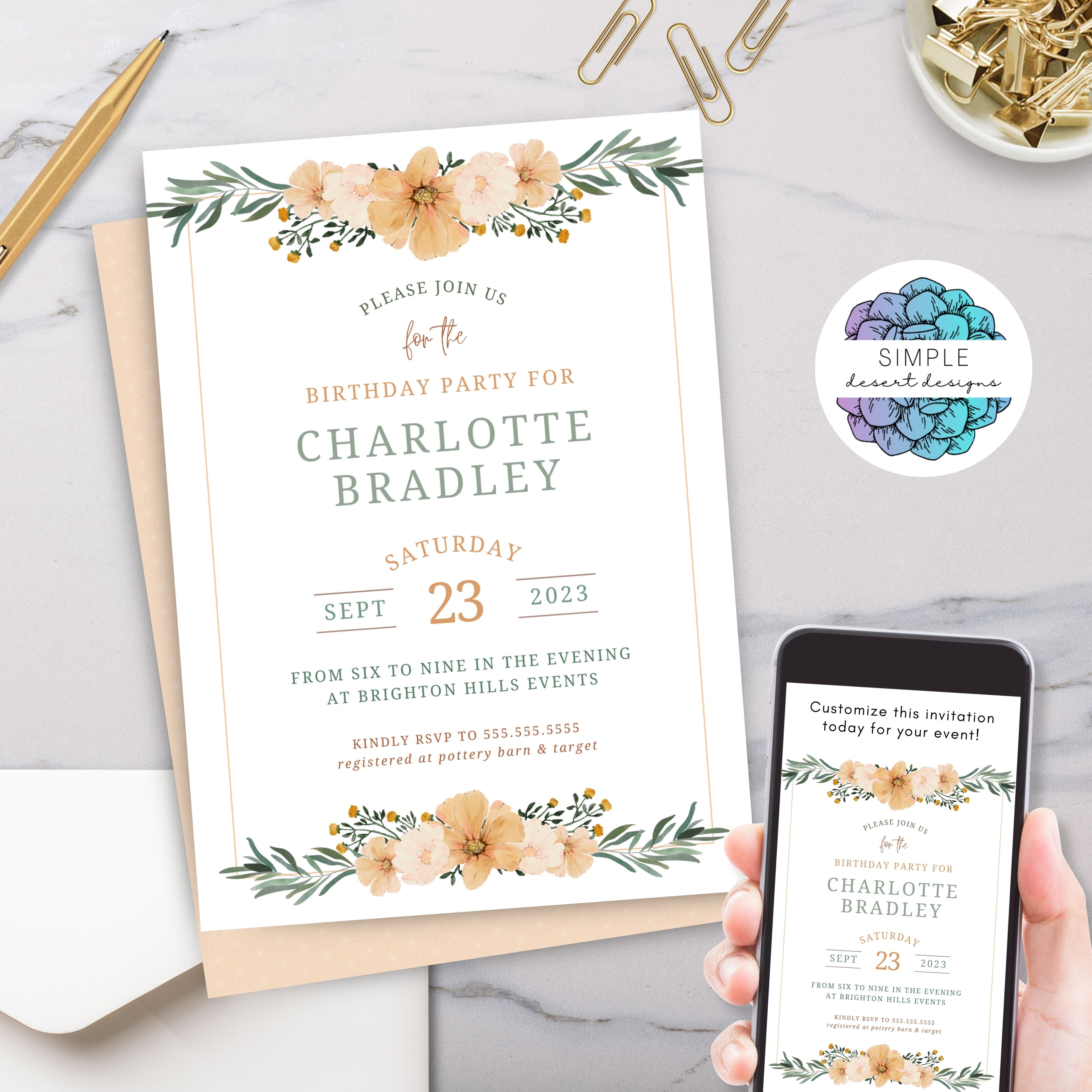 vintage neutral peach tones floral birthday invitation with boho chic aesthetics