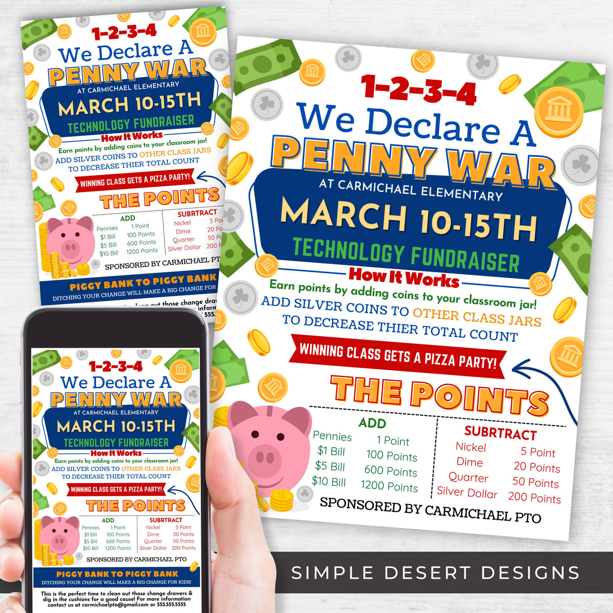 Editable Penny War Fundraiser Flyer Set - Simple Desert Designs