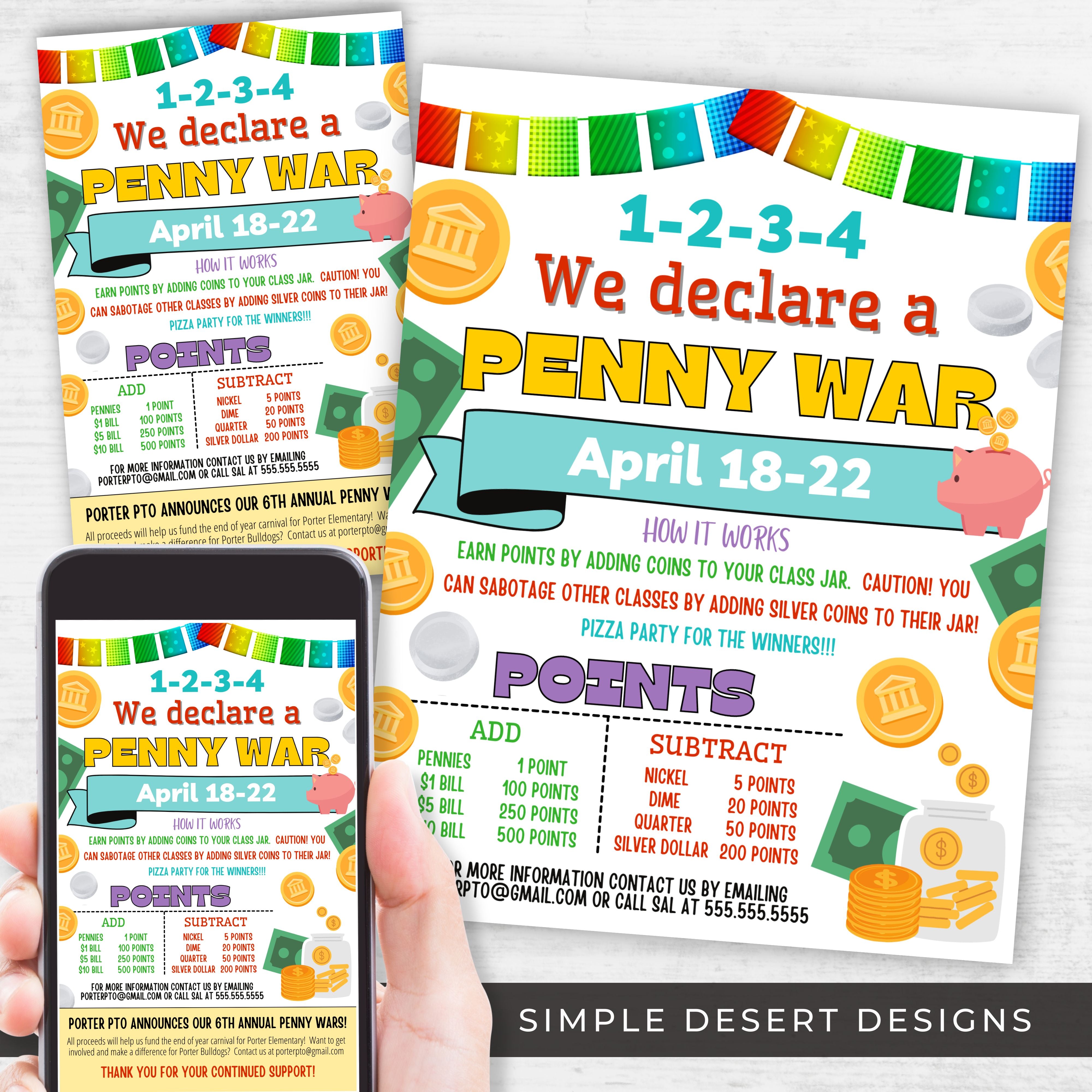 colorful penny wars fundraiser flyers set with rules and points customizable in minutes for digital and printable flyer invites