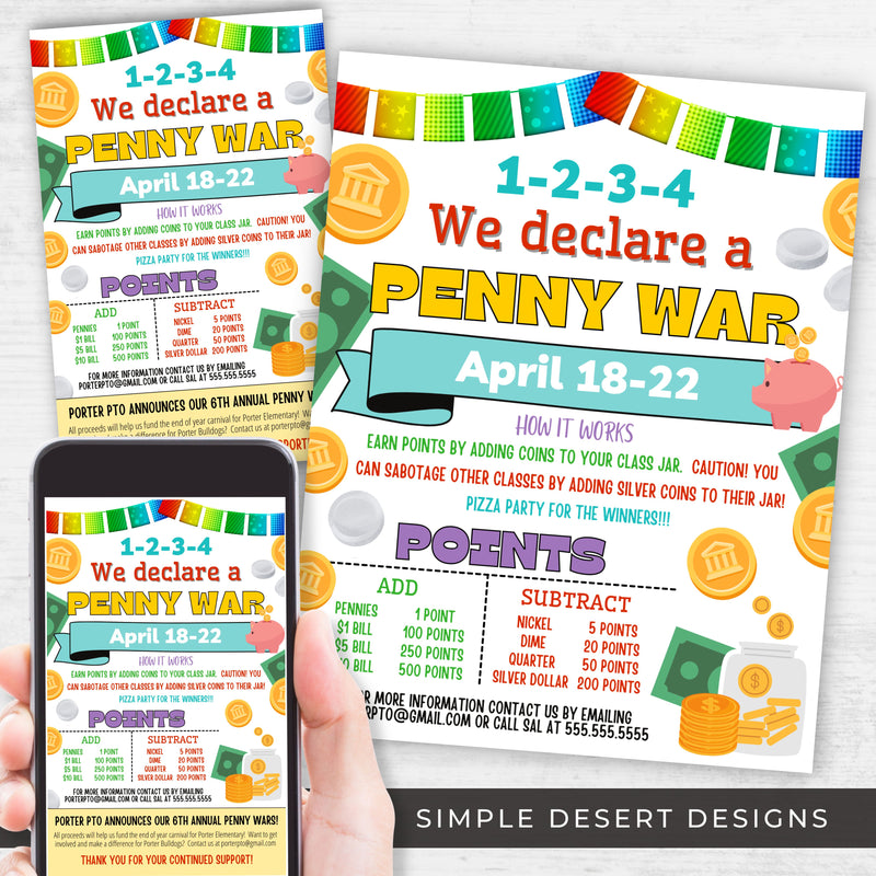 colorful penny wars fundraiser flyers set with rules and points customizable in minutes for digital and printable flyer invites