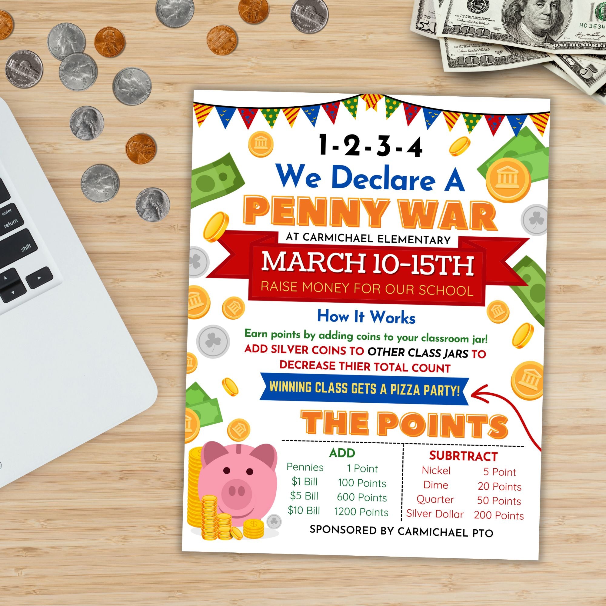 Editable penny war fundraiser flyer displayed printed on a desk next to change and cash with laptop nearby on wood surface for school fundraiser event.