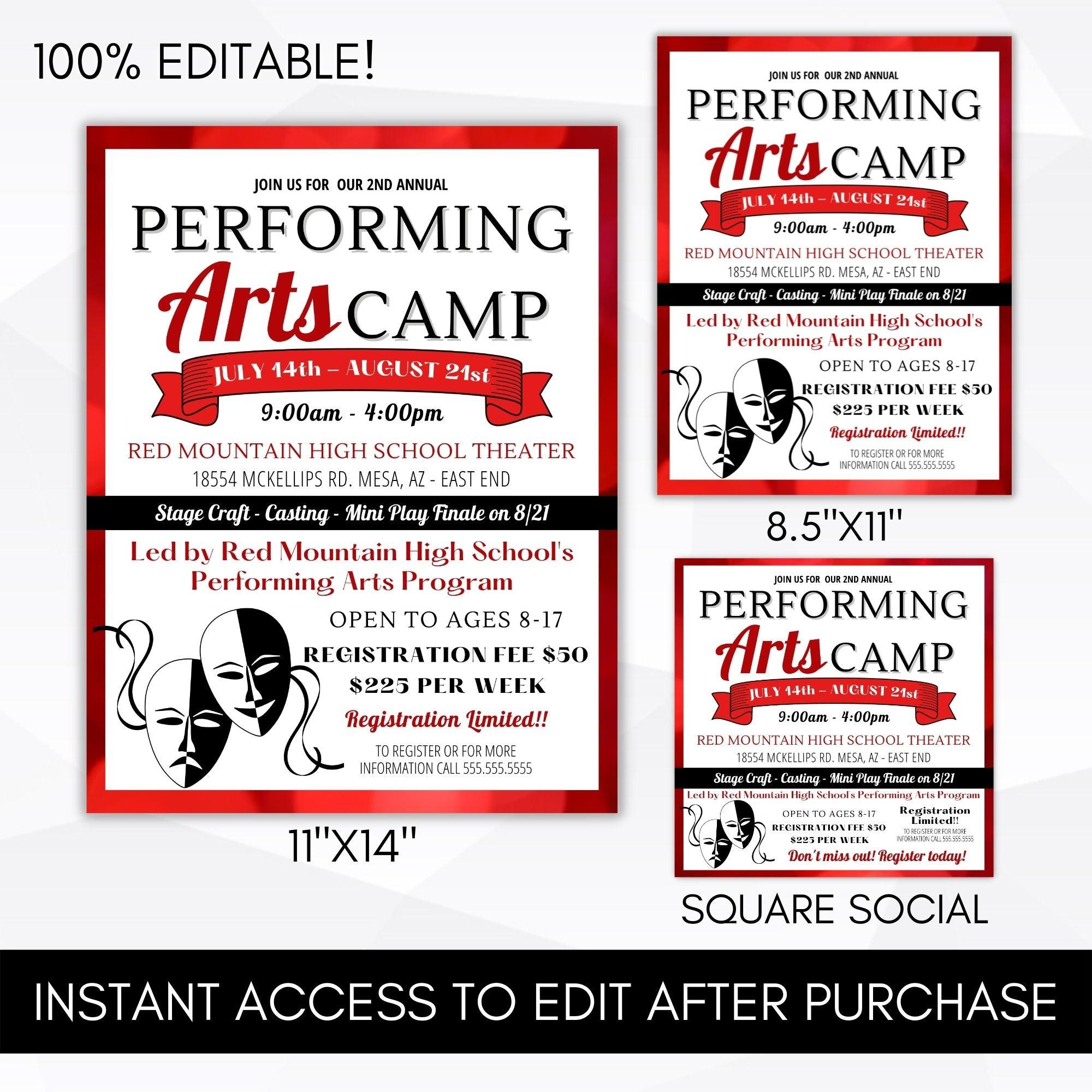 school drama club acting class marketing flyer poster social media template set for community center, school, theater company