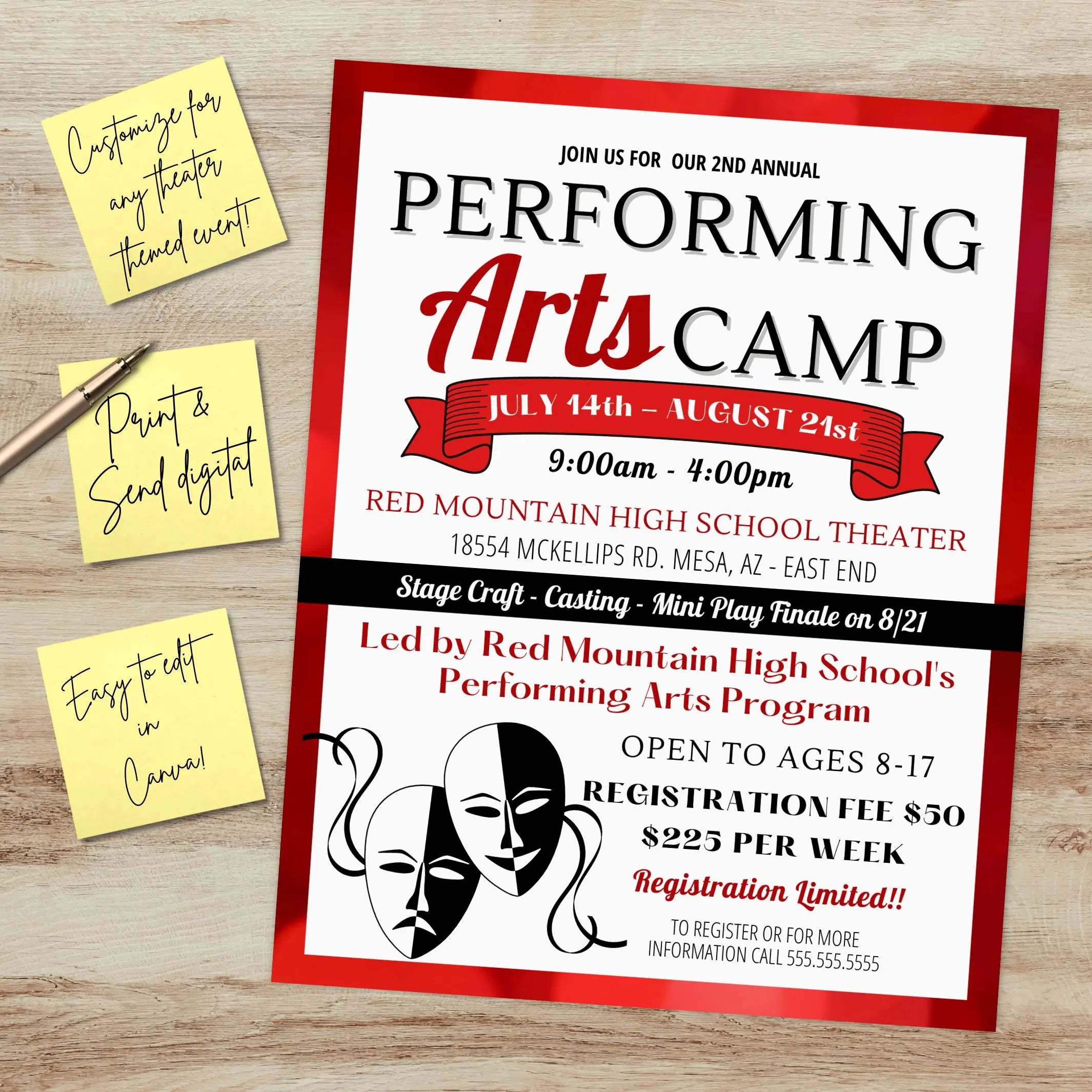 Personalized promotional flyer for Performing Arts Camp on a wooden surface with sticky notes.