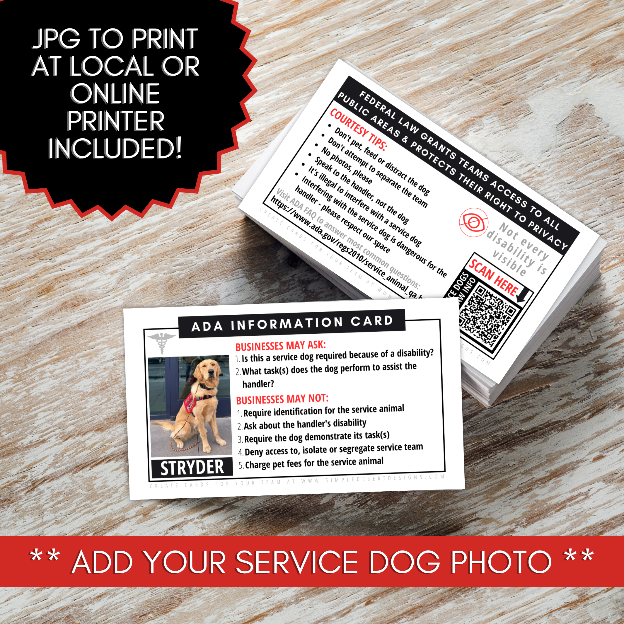 Service dog information card with QR code on a wooden surface, including text about adding a service dog photo.