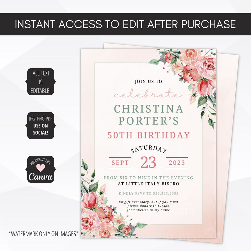 pink birthday party theme invitation floral