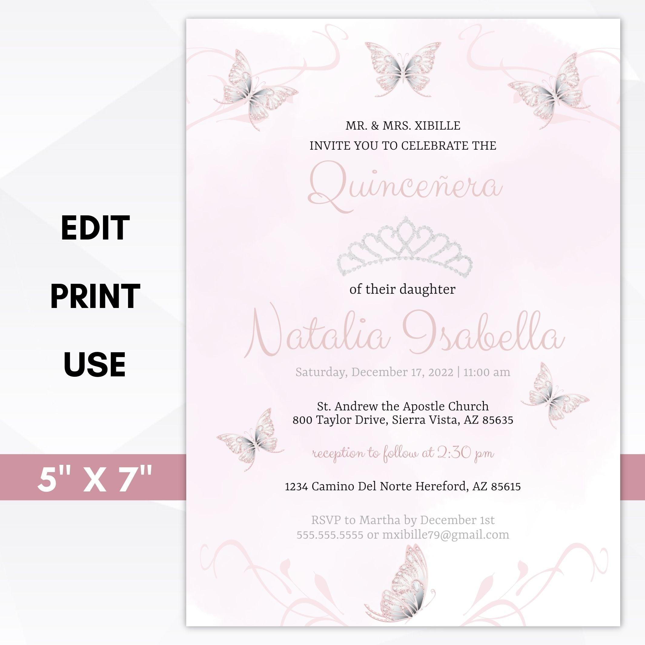 pink butterfly quinceanera invitation template