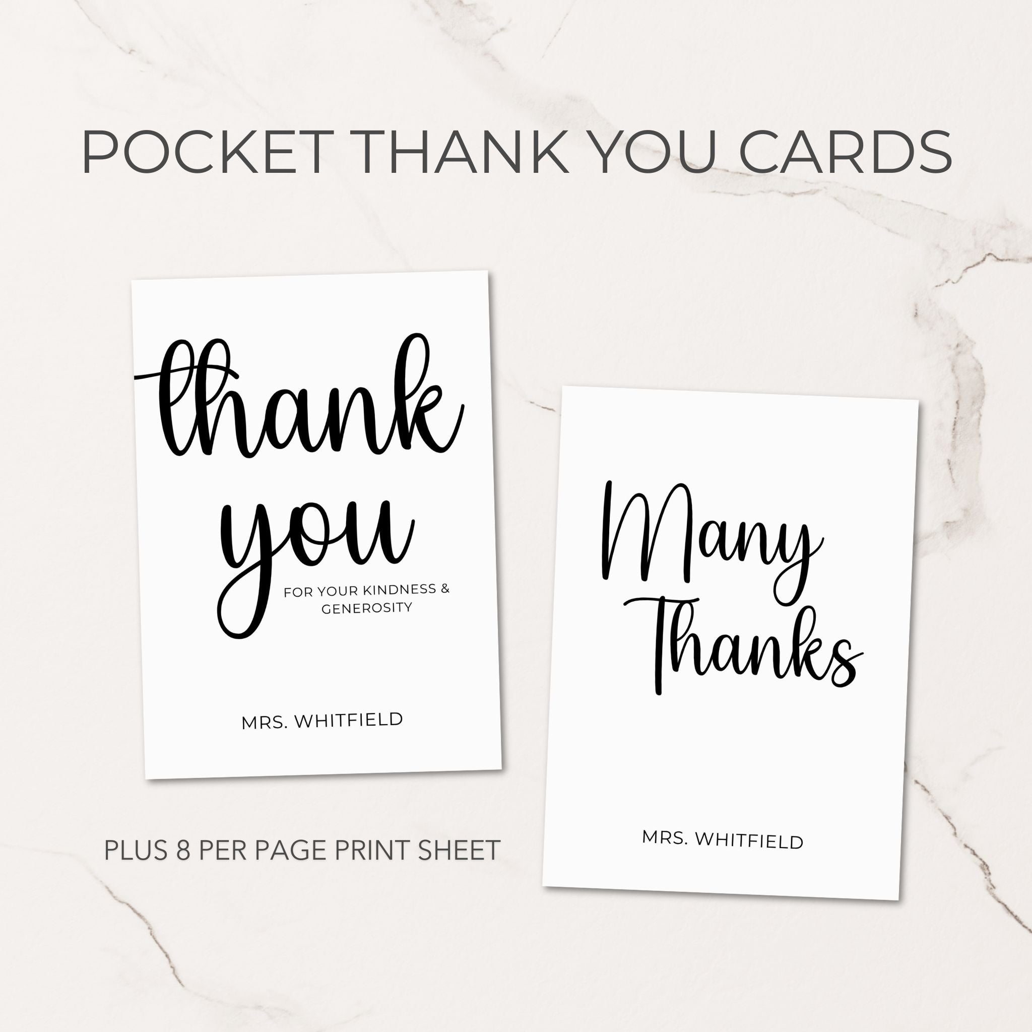 Two pocket thank you cards with 'thank you' and 'Many Thanks' text on a marble background referencing an 8 page print sheet included.