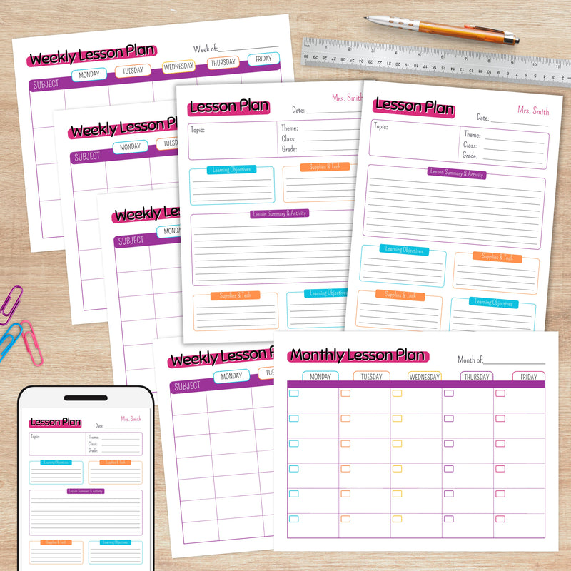 customizable bright colored lesson plan templates
