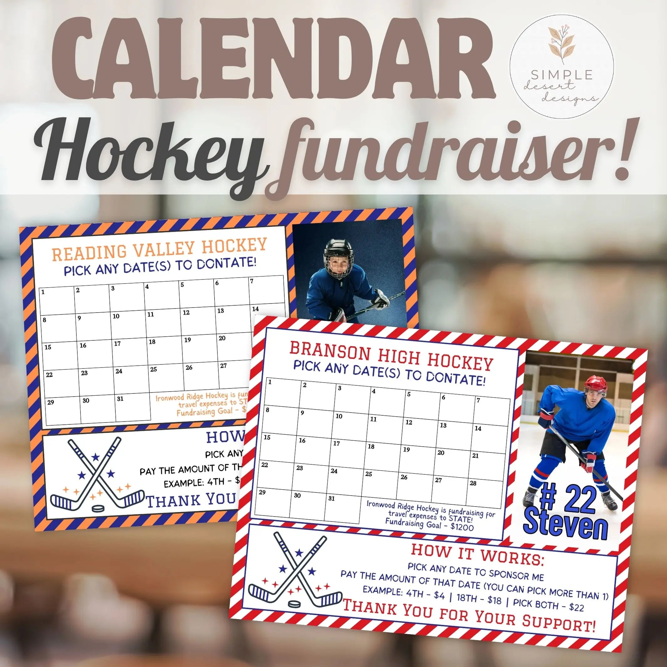 Hockey fundraiser calendar with player images and text on a blurred background customized in different colors with athlete image for hockey fundraising event.