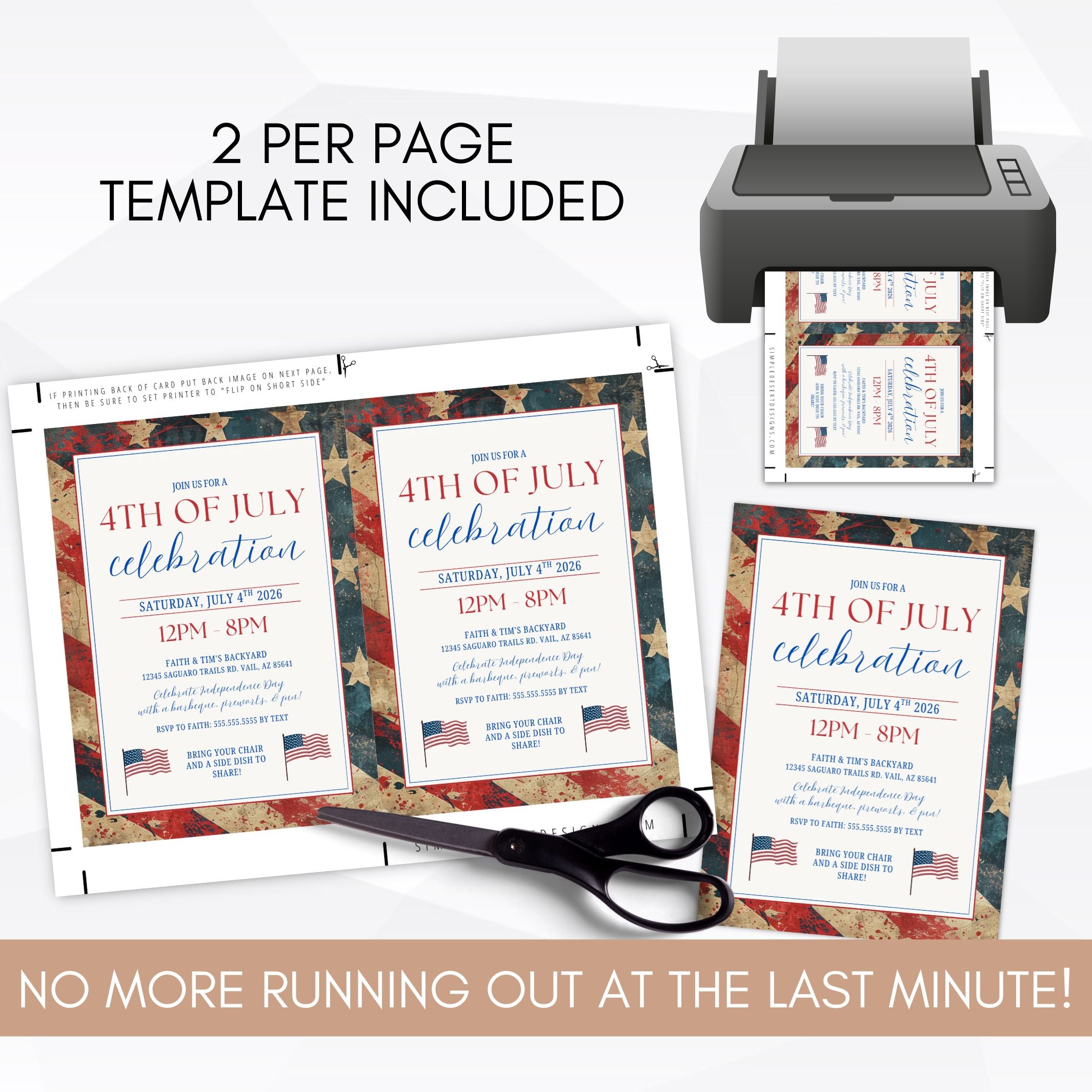 4th of July party invitations with a printer, scissors, and text overlay on a white background.