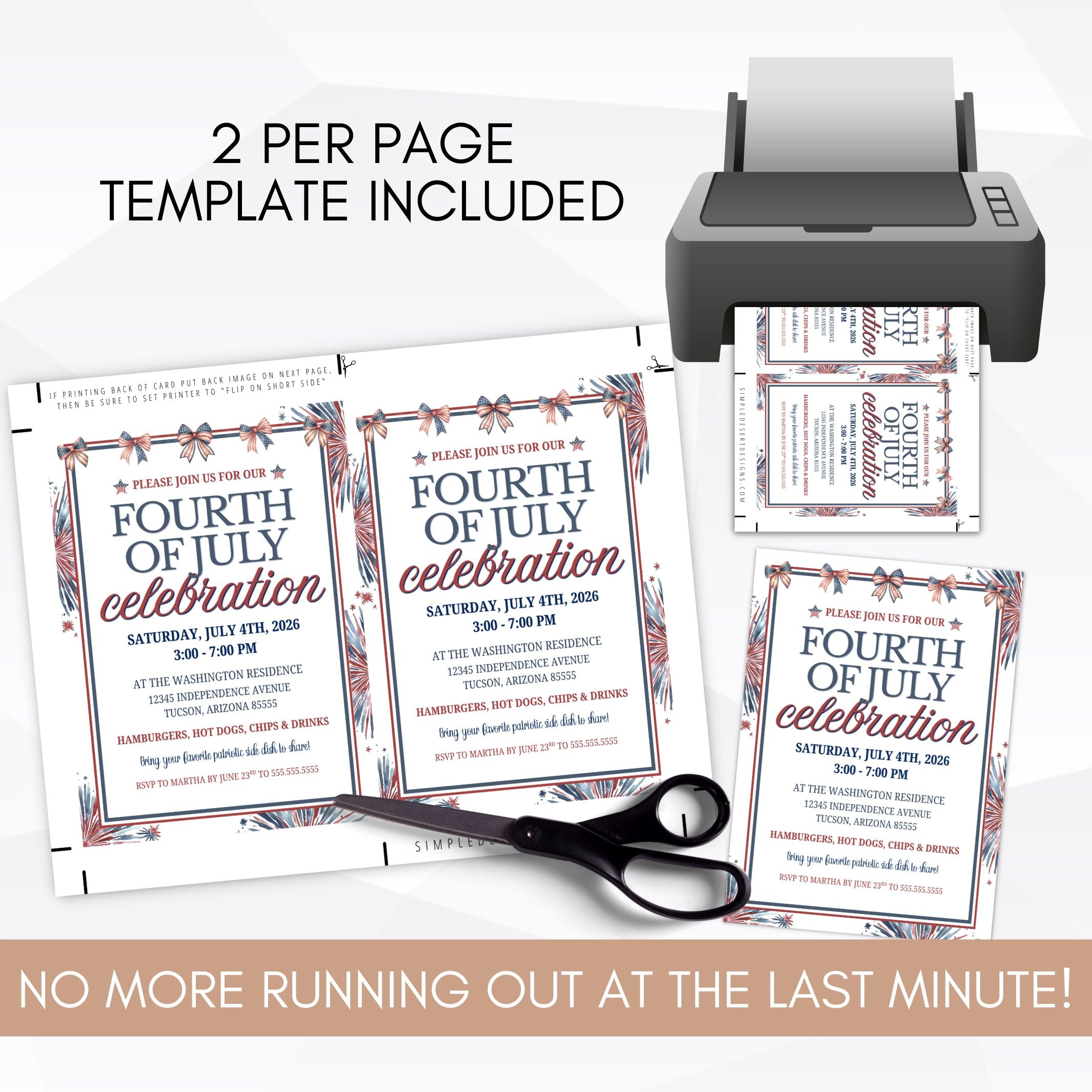 Fourth of July celebration invitations being printed with a printer, scissors, and text indicating a 2-per-page template.