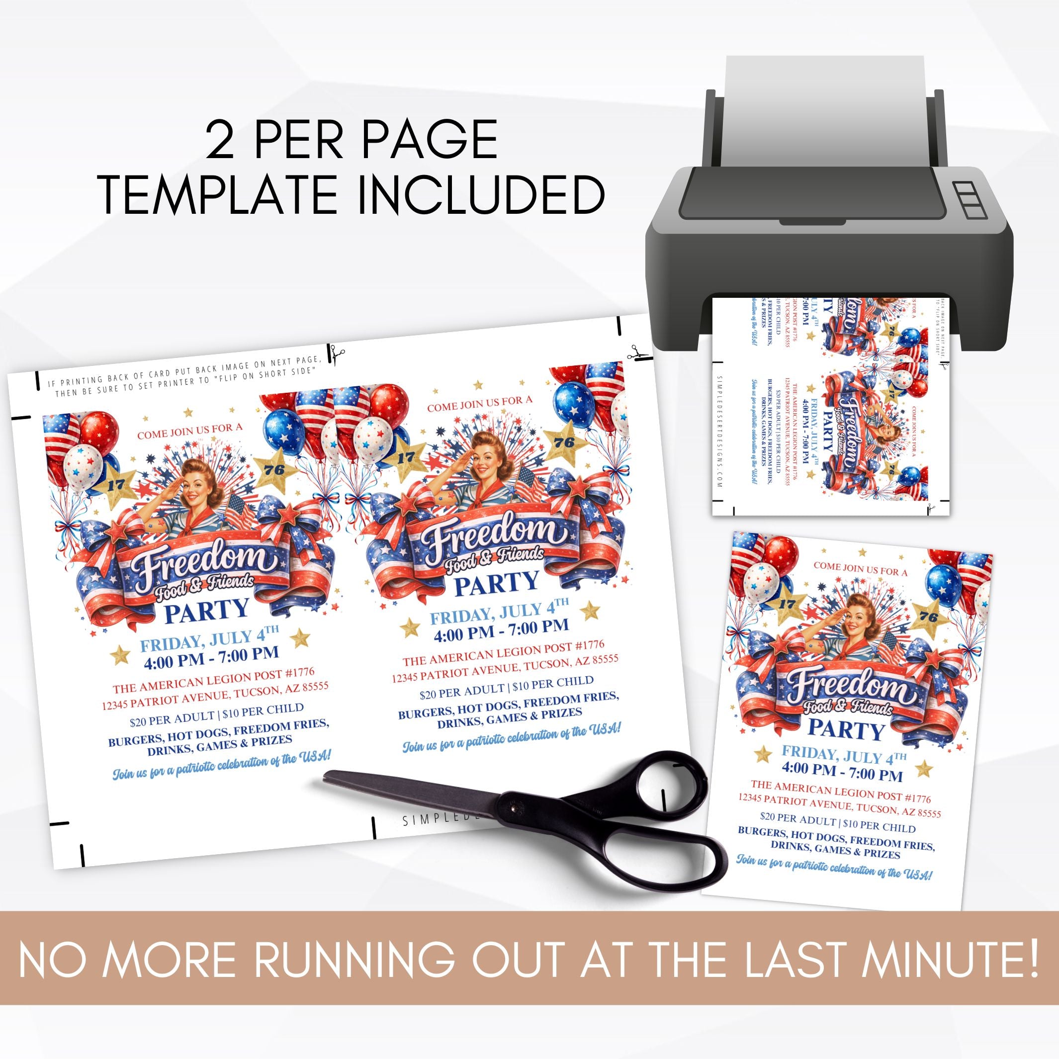 Printed party invitations with a printer, scissors, and text about a 'Freedom Party' template.